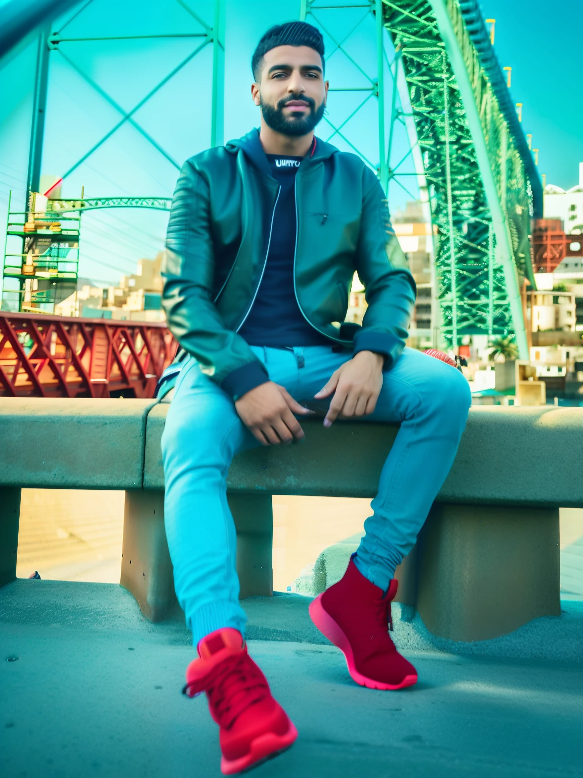 arafed man sitting on a bench in front of a bridge, riyahd cassiem, with a cool pose, enes dirig, emad mostaque, wearing jeans and a black hoodie, wearing urban techwear, casual pose, leather jacket and denim jeans, full body picture, david rios ferreira, inspired by Antônio Parreiras