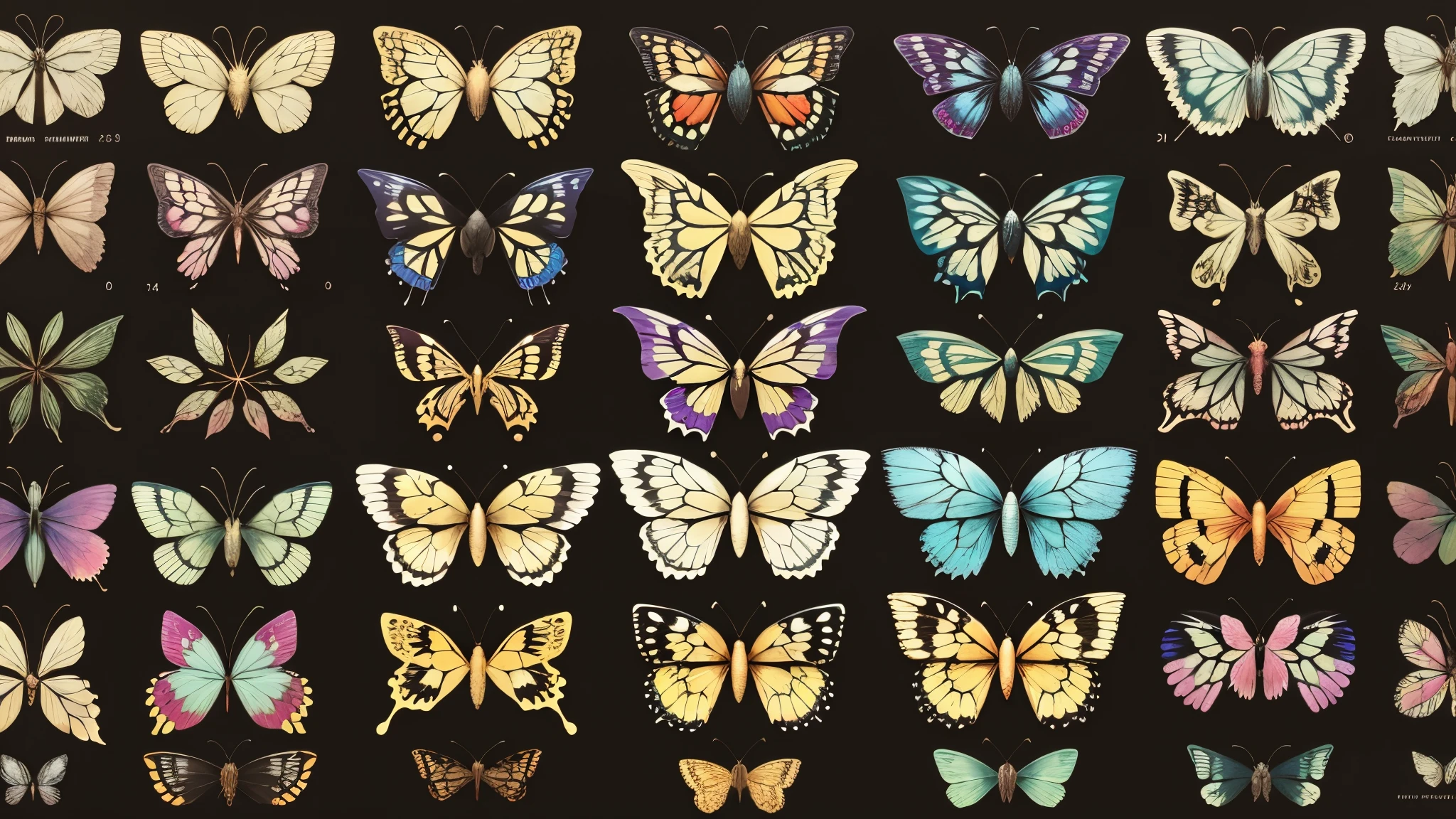 Butterfly specimens of uniform size，All sorts，different，various colors，illustration style，16:9，4k，slow motion，Pop style，
