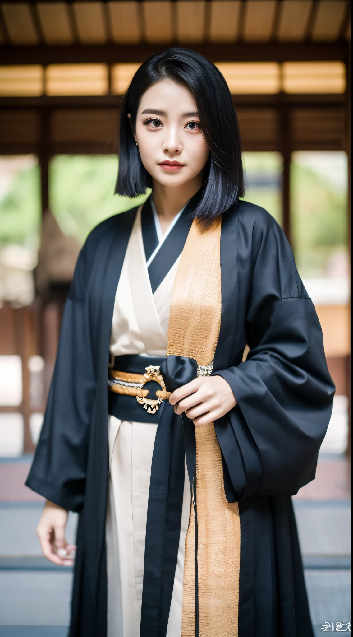 Raw photo of one female samurai, standing in a fighting stance, with a sword drawn from a scabbard in her hands, ready for battle, in full samurai attire (kimono) (wind in a bamboo forest), (the wind lifted the leaves up), a cut on her shoulder ( high skin detail: 1.2), 8k uhd, SLR camera, soft lighting, high quality, film grain, Fujifilm XT3
