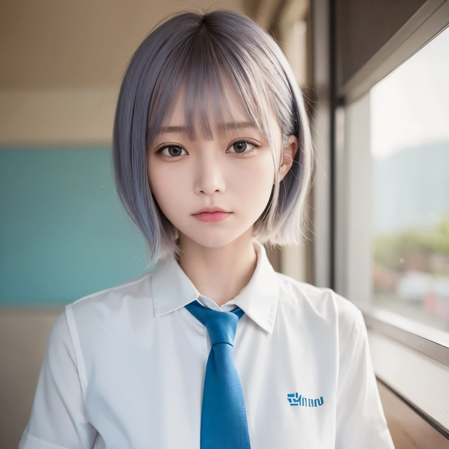 best quality, ultra high res, (photorealistic1.4), 1girl, (white shirt), (light blue necktie), (light blue short hair:1.3), bangs, red eyes, ((puffy eyes)), ((upper body)), (((looking at viewer))), ((closeup)), wearing indonesian high school uniform, indo highschool uniform,