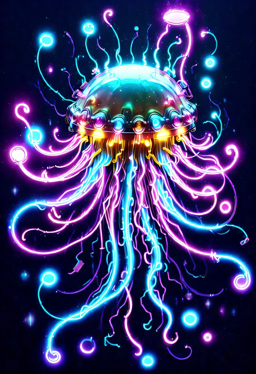 Future jellyfish warrior，Mechanical Jellyfish Warrior，Sci-fi jellyfish warrior，Surreal Jellyfish Warriors，bioMechanical style Ultra detailed illustrations, phantom magical creature, (Translucent skin: 1.5), (translucent body: 1.5) Ms. Schiff&#39;s Art, neon lights, light particles, color, cmyk color, backlight, cyberpunk, close up, Mechanical, (whole body: 1.9), dark background, Viewed from top to bottom. blend of organic and Mechanical elements, futuristic, cybernetic, detailed, complicated,Selective focus, Miniature effects, blurred background, highly detailed, Full of energy, View control,(Rich color:1.6),