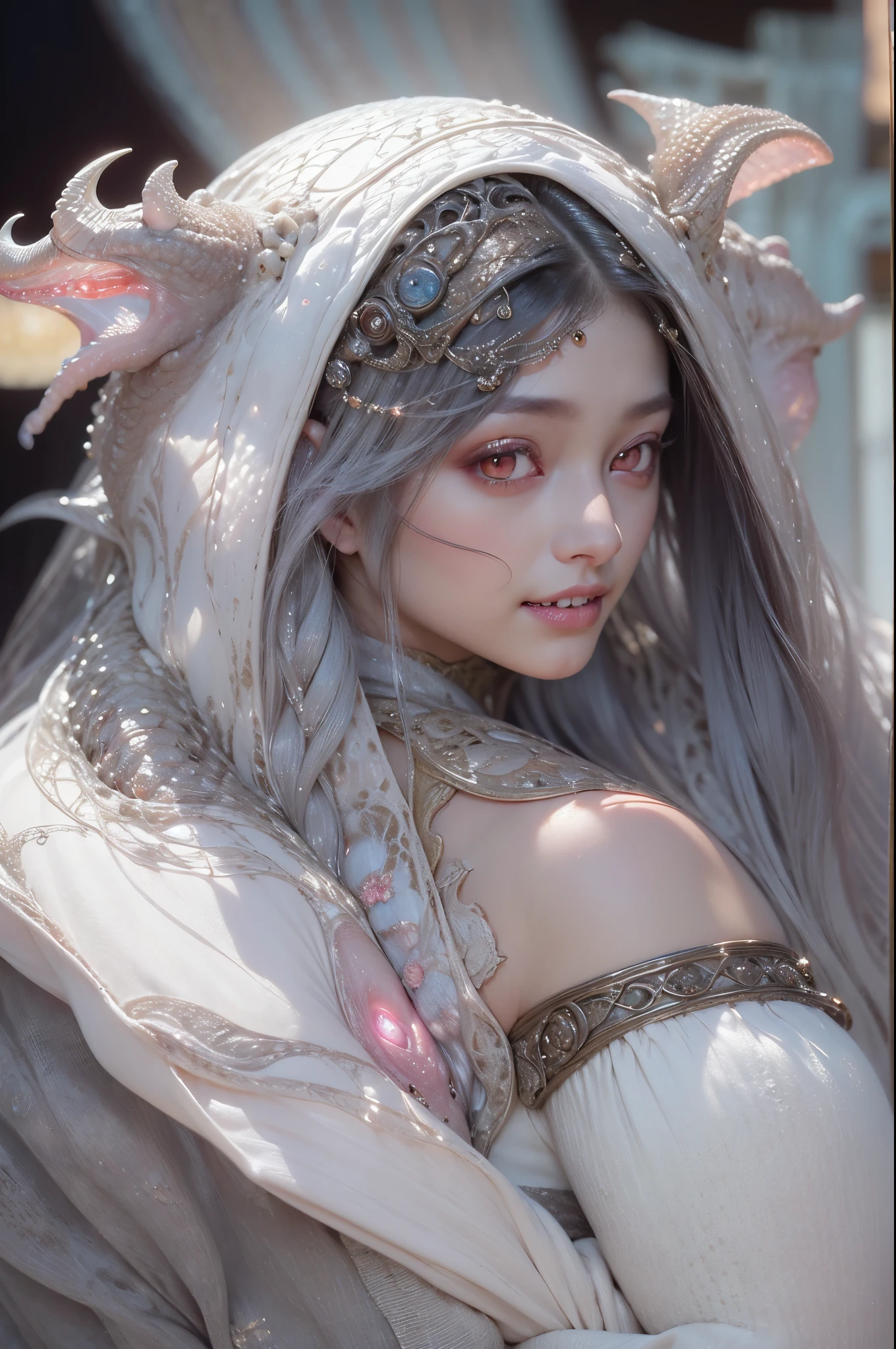 (1 beautiful seductive female creature:1.4), ((There is a female genital-like organ in the middle of the forehead.:1.8)), (realistic face:1.2), Super realistic clear skin, she is very sleepy, (Number of award-winning masterpieces々, incredibly detailed, Texture and maximum detail), midnight aura, unreal engine 5, super sharp focus, midnight aura, unreal engine 5, super sharp focus, (art by Amano Yoshitaka:1.5), art germ, Reusch, intricate artwork, ultra realistic realism, High resolution, High freshness, Unity 8K wallpaper, Super detailed artistic photography, dream-like, fantasy creation, dream snail, (biopunk nautilus:1.3),thrilling color scheme, amazing mutation, She has a beautiful figure with a well-proportioned golden ratio, the goddess of the deep sea, fractal, Geometric pattern, impossible numberany transparent white tentacles with luminescent organs:1.4), Subtle emerald green accents, (smile seductively:1.3),(she has the most beautiful face in the history of the universe:1.5), (She looks down at the viewer with glowing red eyes without pupils:1.3), an evil gaze that seduces, cinematic lighting, (no makeup:1.3), (From the gap between your cute lips,Long canine teeth peek out like a vampire:1.5), in the palace hall, A sweet sigh leaks from her beautiful lips with ecstatic expression, She has countless hair-like translucent tentacles on her head. cheerful smile