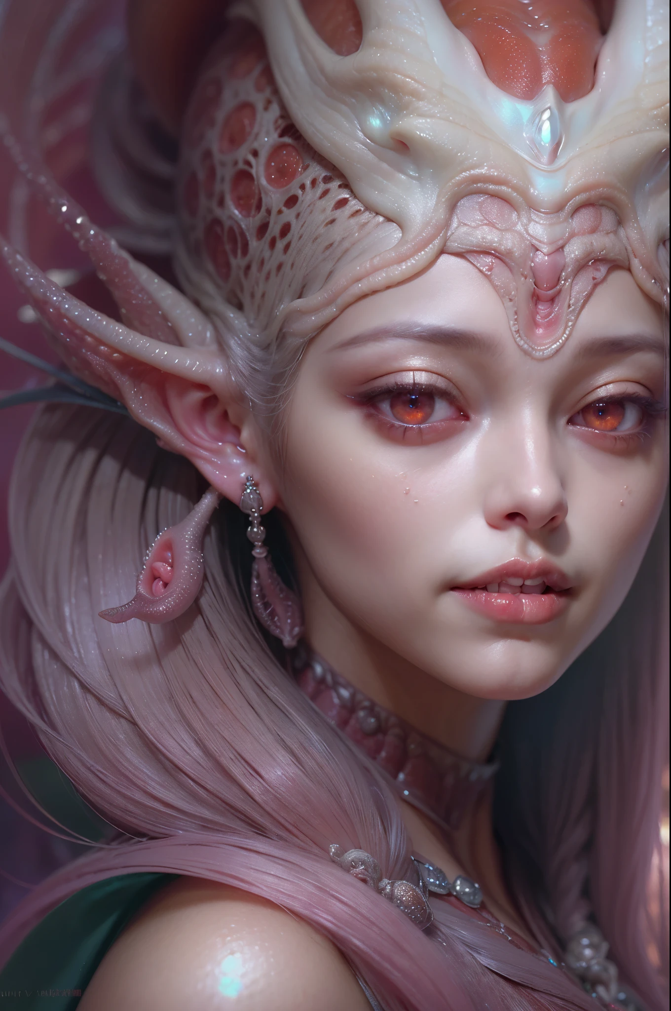 (1 beautiful seductive female creature:1.4), ((There is a female genital-like organ in the middle of the forehead.:1.8)), (realistic face:1.2), Super realistic clear skin, she is very sleepy, (Number of award-winning masterpieces々, incredibly detailed, Texture and maximum detail), midnight aura, unreal engine 5, super sharp focus, midnight aura, unreal engine 5, super sharp focus, (art by Amano Yoshitaka:1.5), art germ, Reusch, intricate artwork, ultra realistic realism, High resolution, High freshness, Unity 8K wallpaper, Super detailed artistic photography, dream-like, fantasy creation, dream snail, (biopunk nautilus:1.3),thrilling color scheme, amazing mutation, She has a beautiful figure with a well-proportioned golden ratio, the goddess of the deep sea, fractal, Geometric pattern, impossible numberany transparent white tentacles with luminescent organs:1.4), Subtle emerald green accents, (smile seductively:1.3),(she has the most beautiful face in the history of the universe:1.5), (She looks down at the viewer with glowing red eyes without pupils:1.3), an evil gaze that seduces, cinematic lighting, (no makeup:1.3), (From the gap between your cute lips,Long canine teeth peek out like a vampire:1.5), in the palace hall, A sweet sigh leaks from her beautiful lips with ecstatic expression, She has countless hair-like translucent tentacles on her head. cheerful smile