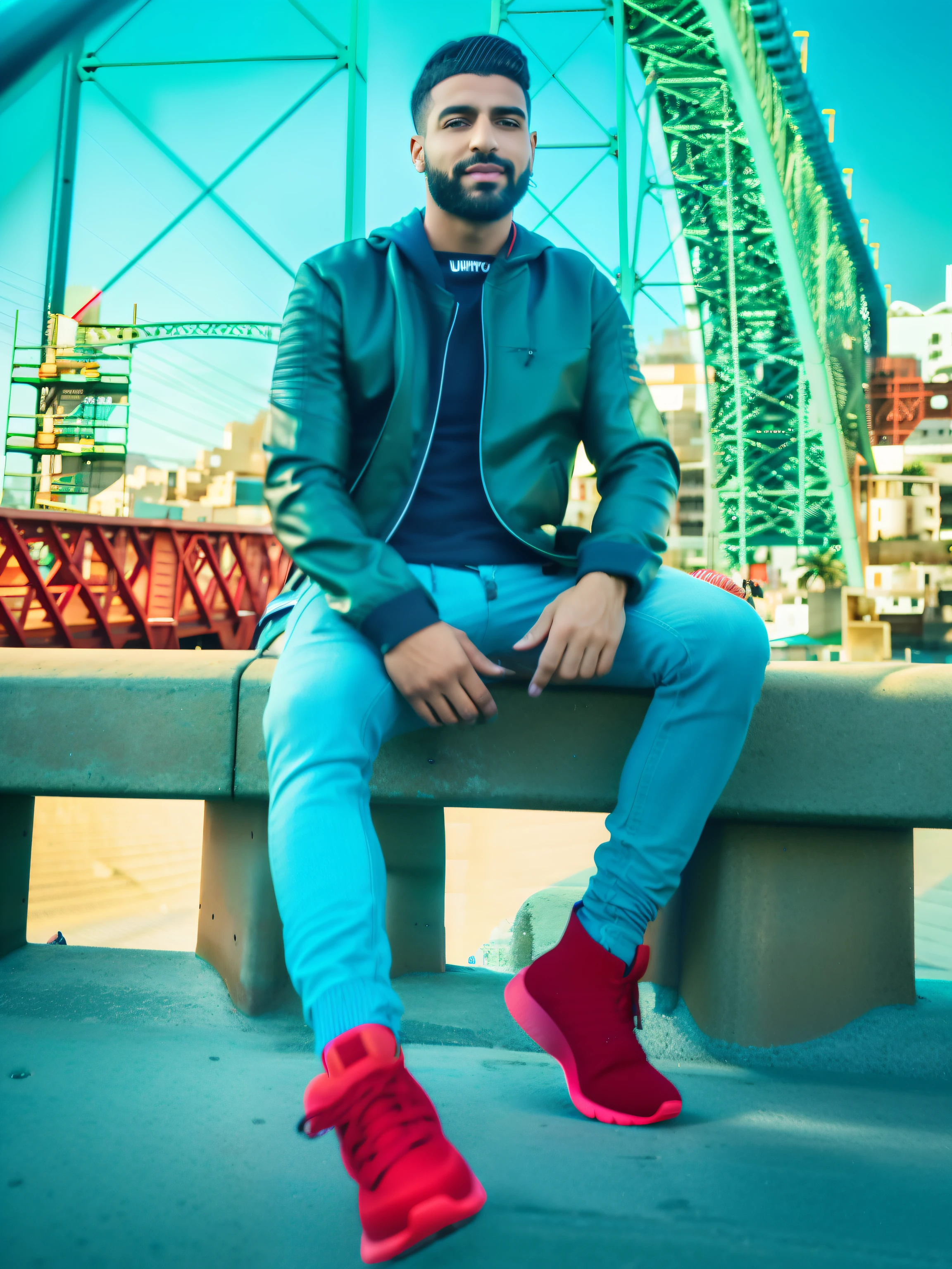 arafed man sitting on a bench in front of a bridge, riyahd cassiem, with a cool pose, enes dirig, emad mostaque, wearing jeans and a black hoodie, wearing urban techwear, casual pose, leather jacket and denim jeans, full body picture, david rios ferreira, inspired by Antônio Parreiras
