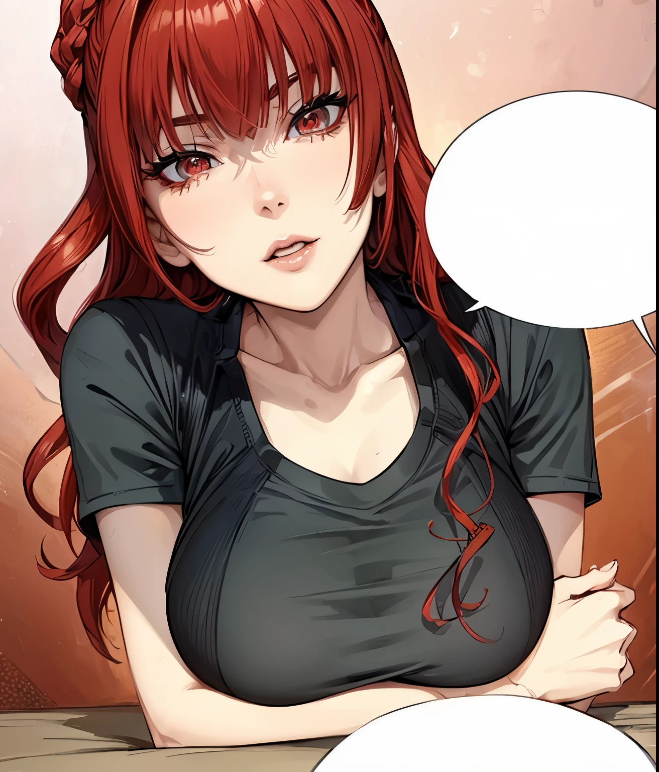 (masterpiece, best quality:1.4), (extremely detailed, 8k, uhd), cinematic shot, natural lighting, ultra highres, vibrant rich colors, (beautiful, aesthetic, perfect, delicate, intricate:1.2), (sharp focus, from front:1.3), eye level shot, 1girl, portrait of a anime girl, young, red hair, (extremely hot, attractive, beautiful, sexy, feminine:1.2) serious expression, provocative serious look, serious eyes, smile, expressive brown eyes, long eyelashes, relaxed,(beautiful detailed face, highly detailed skin, red eyes), gorgeous, breathtaking beauty, seductive, captivating, pale skin, perfect female figure, (slim:0.5), (wearing a dark t-shirt :1.2), (highly saturated lipstick, luscious thick lips), intricate details, daytime, award winning photography, detailed background, volumetric fx, anime, hyper-detailed