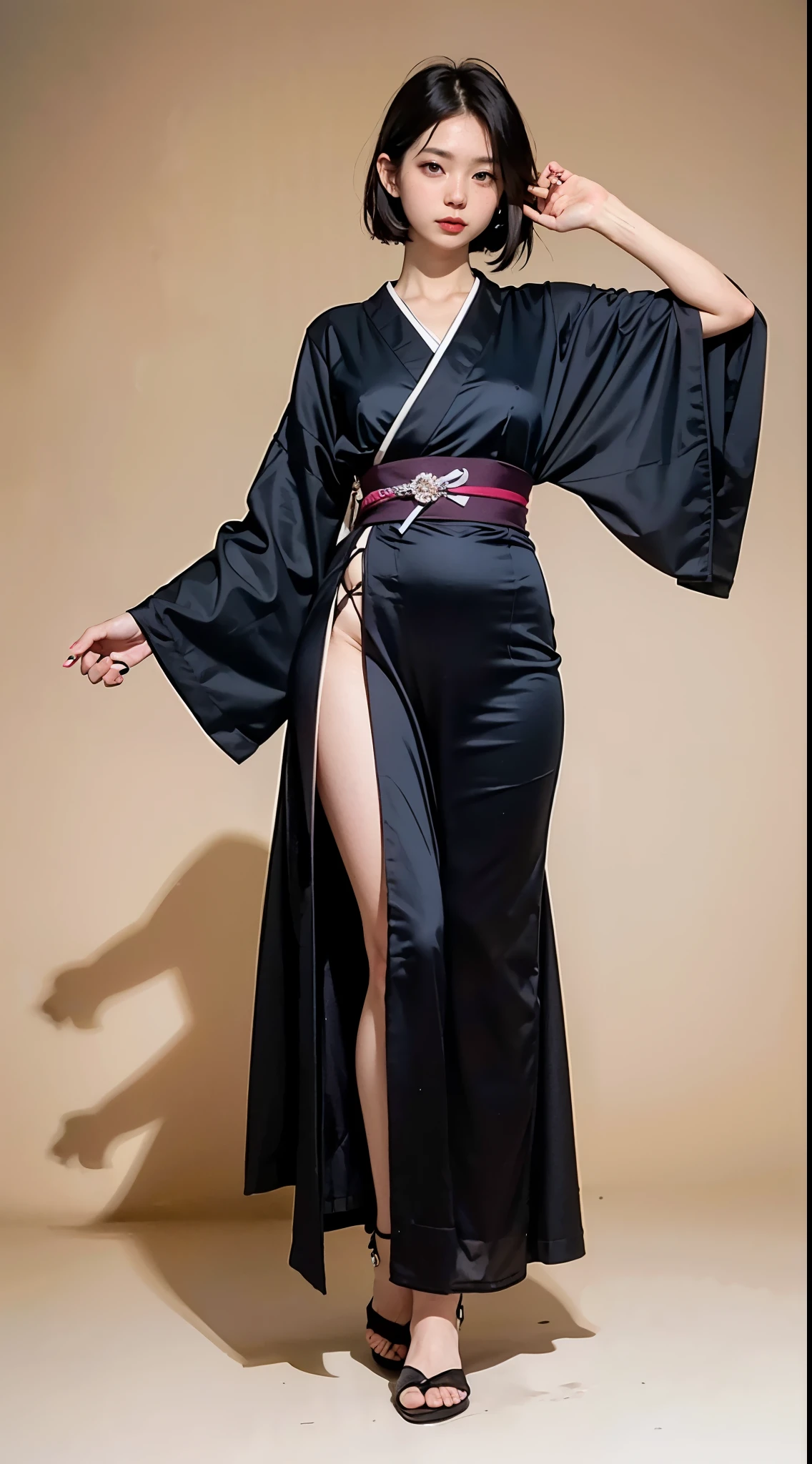 ulzzang-6500-v1.1, (RAW photo:1.2), (Photoreal), (genuine:1.4), (muste piece), beautiful woman with perfect figure: 1.2, jet black hair、Straight bob hair with neatly trimmed ends、(Wearing a black kimono with an elegant pattern)、standing with a closed fan、majestic hall々, (A murderous expression:1.2)、 highly detailed face and skin, fine eyes, double eyelid, ((full body shot:1.3))、