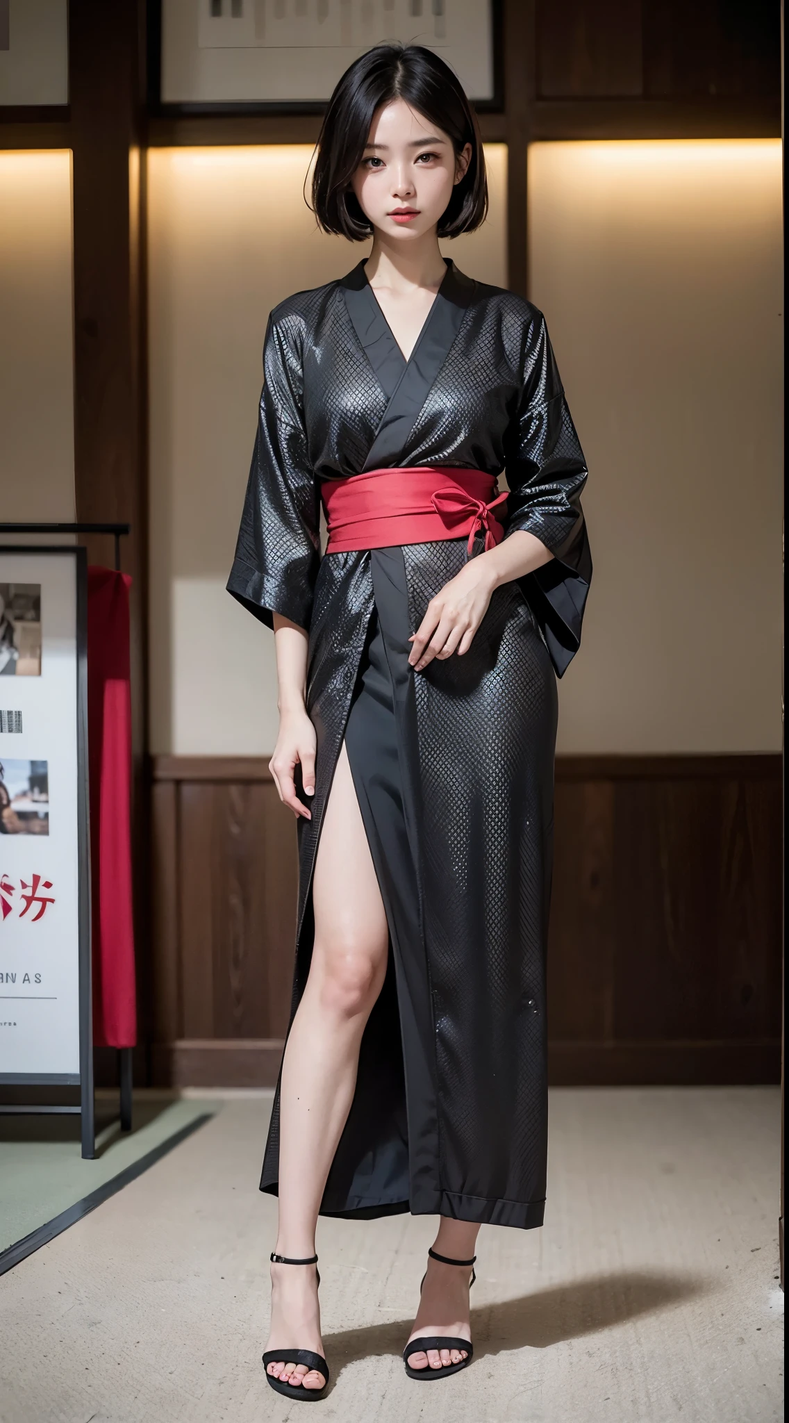 ulzzang-6500-v1.1, (RAW photo:1.2), (Photoreal), (genuine:1.4), (muste piece), beautiful woman with perfect figure: 1.2, jet black hair、Straight bob hair with neatly trimmed ends、(Wearing a black kimono with an elegant pattern)、standing with a closed fan、majestic hall々, (A murderous expression:1.2)、 highly detailed face and skin, fine eyes, double eyelid,  ((full body shot:1.3))、