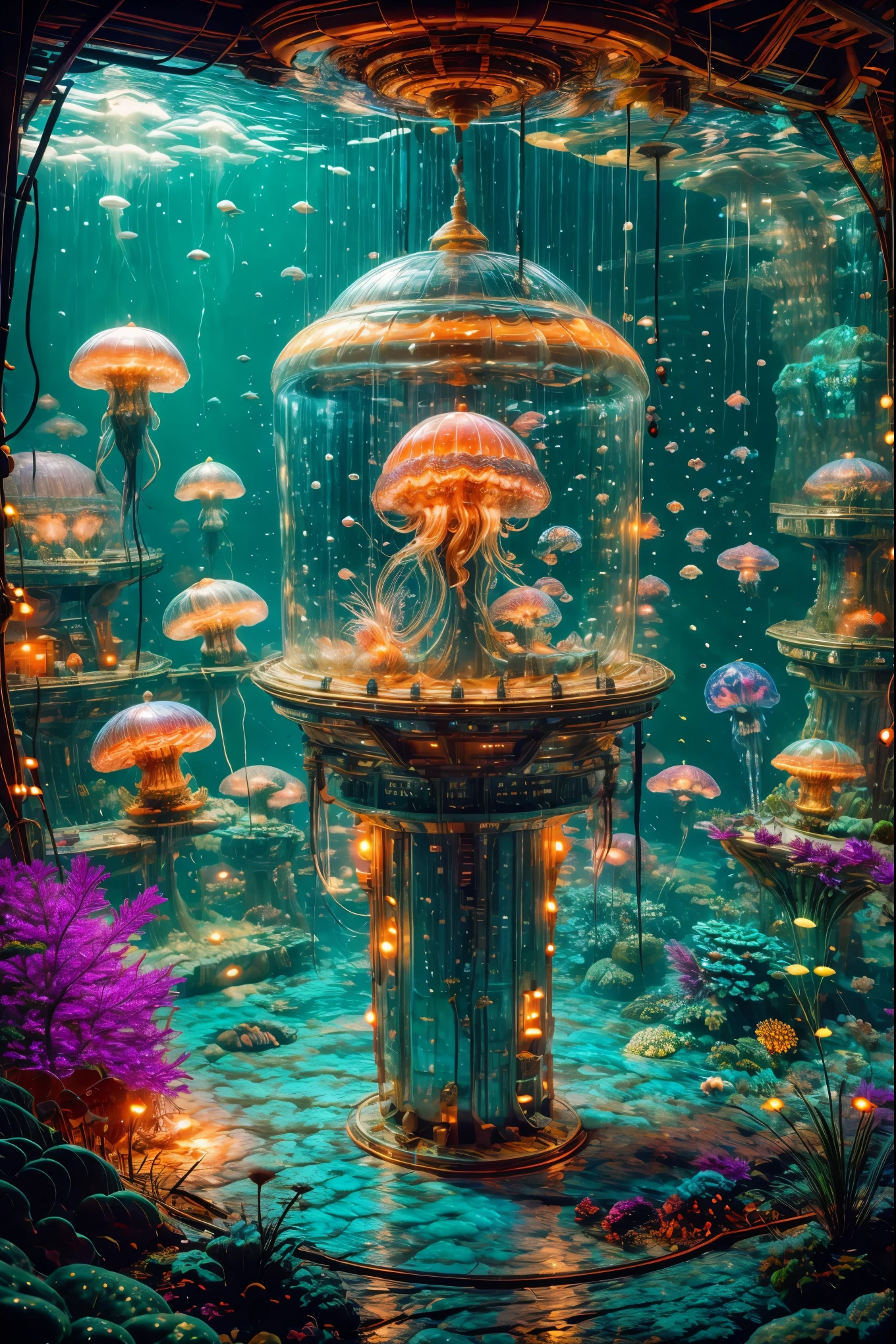 (best quality,highres),jellyfish planet,jellyfish,neon colors,glowing,translucent jellyfish,underwater world,bioluminescent,diversity of jellyfish,swimming jellyfish,giant jellyfish,alien creatures,ethereal beauty,mesmerizing movements,colorful aquatic life,otherworldly environment,shimmering light,calm and peaceful atmosphere,serene underwater landscape,mystical and enchanting,unexplored depths,teeming with life,sparkling sea,serene beauty,sublime tranquility,soft and gentle movements,vibrant and surreal,unimaginable beauty,gradient of colors,dreamlike vision,nature's living art,secrets of the deep,hidden treasures of the ocean,breathtaking underwater spectacle,living fireworks display