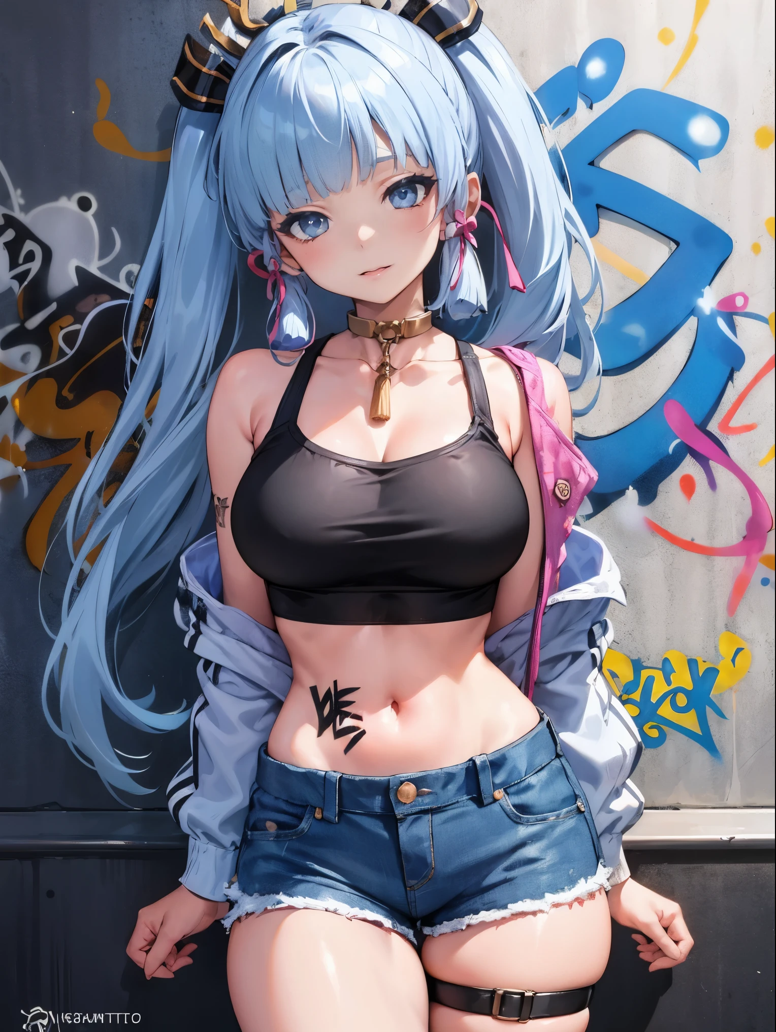 Ayaka Kamisato|Genshin Impact, masterpiece, best quality, 1 girl,25 years old, extra large breasts, crop top, Denim shorts, extra large breasts, ,only, crop top, Denim shorts, collar, (Graffiti:1.5), Splash with purple lightning pattern., arms behind back, against the wall, Viewing the audience from the front., thigh strap, head tilt, boring, water eyes,
