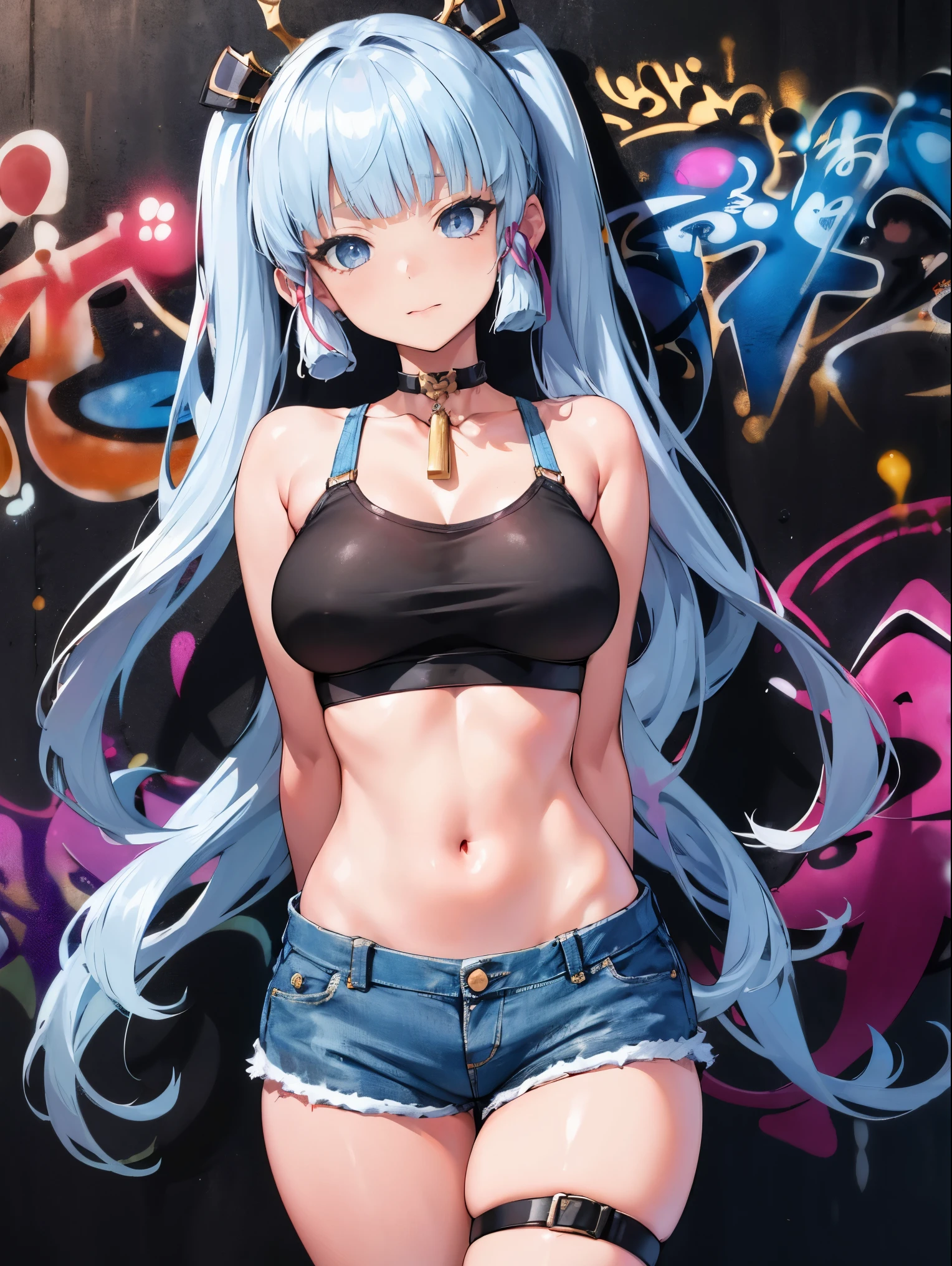 Ayaka Kamisato|Genshin Impact, masterpiece, best quality, 1 girl,25 years old, extra large breasts, crop top, Denim shorts, extra large breasts, ,only, crop top, Denim shorts, collar, (Graffiti:1.5), Splash with purple lightning pattern., arms behind back, against the wall, Viewing the audience from the front., thigh strap, head tilt, boring, water eyes,