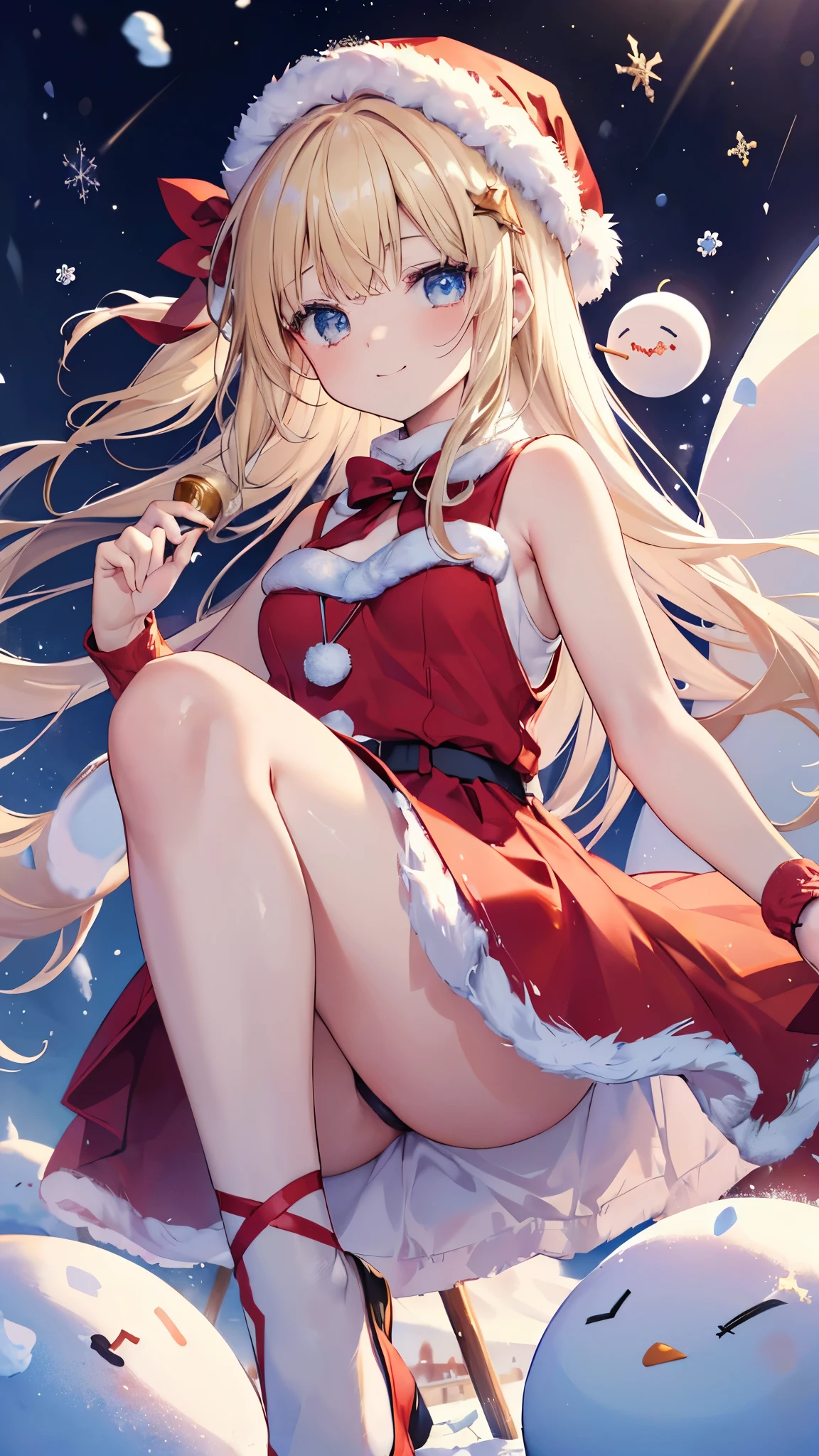 最high quality、best image quality、masterpiece、age girl((metallic red santa costume、santa style short skirt、santa style tank top、16 yar、vest bust、big bast,Beautiful wide open light blue eyerest, blonde、Slender,big valley、dye one's cheeks red、stretch your back、white breath、Show the whole body、smile、jumping、hold out her hand、dye one's cheeks red、slight smile、floating)),high quality、beautiful art、With background(( crystalline、night sky、it's snowing、heavy snow falls、snowman、 A world where snow piles up)))、table top、Depth of the bounds written,fly in the sky