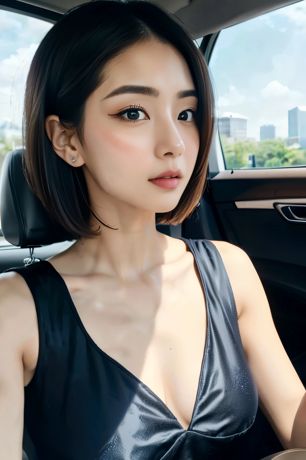 first person perspective, (masterpiece:1.3), High resolution, super detailed, Highly detailed CG Unity 8k wallpaper, realistic, photo-realistic,beautiful and detailed face, white skin, realistic、fine cloth texture, detailed hair texture, perfect body, beautiful face, Accurate, anatomically correct, Highly detailed face and skin texture, natural neck length, (beautiful hands), (Fair skin:1.2), thin legs, thin legs,
fine eyes、double eyelid, thin eyebrows,(elegant and beautiful actress:1.3), (japanese actress, alone), ((wearing an elegant navy blue dress:1.2)), (white flower pattern:1.1),
Sexy big breasts, slender body shape, strong abdominal muscles, beautiful clavicle, ((up hairstyle:1.2)), (dark blonde hair), ((Manicured hair, short hair:1.2)),
(close up shot:1.2), Look at me with an upward glance, ((Sitting on the luxury wide seat inside the car:1.2)), ((Toast with champagne glasses at night:1.3)),