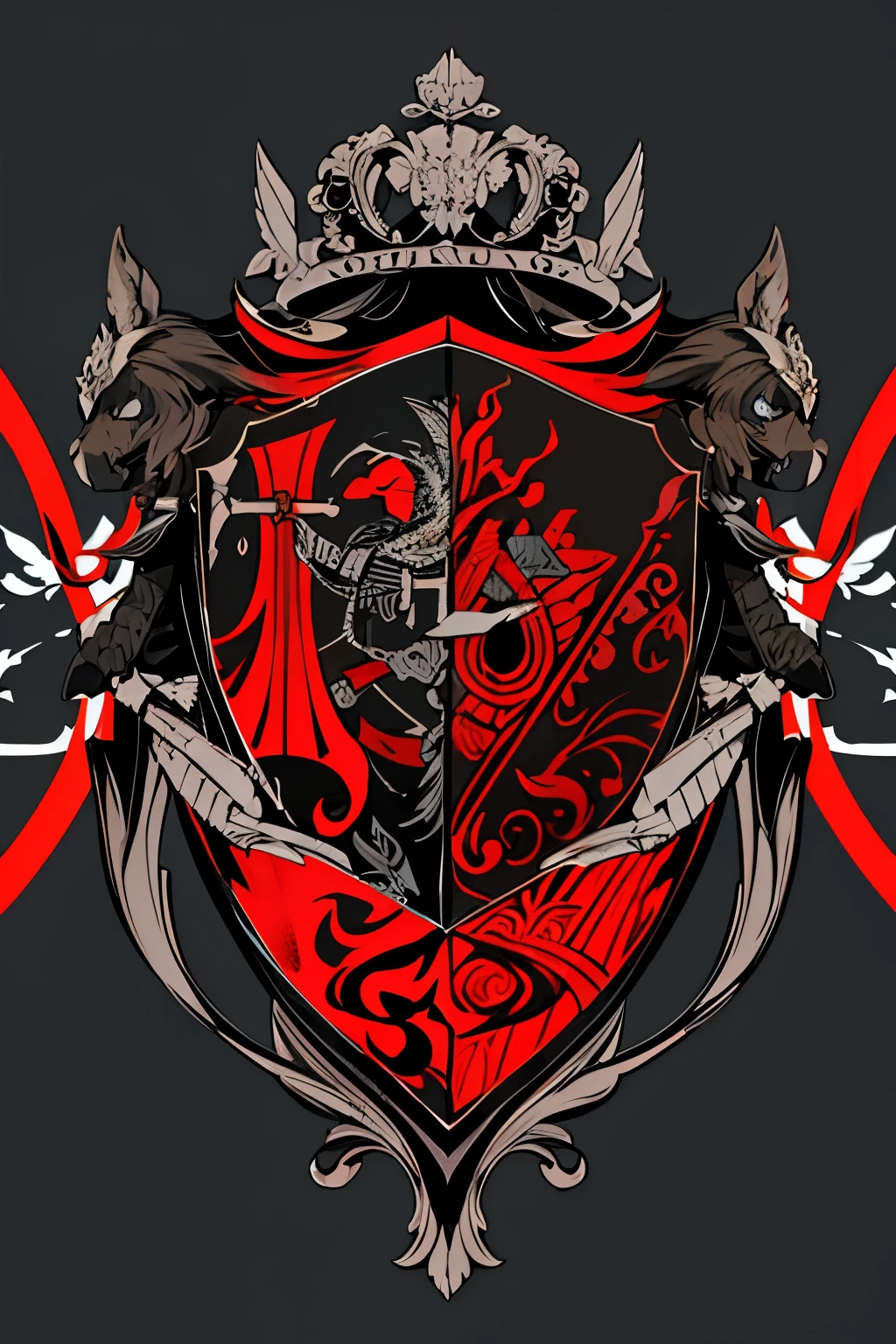 ( coat of arms design) scorpio in the center of the shield, a black and red shield with a stylized design on it, shield design, fantasy shield, red and black armor, balck and red coat of arms, shield emblem, royal coat of arms, sword, weapon, scorpio symbol, coat of arms