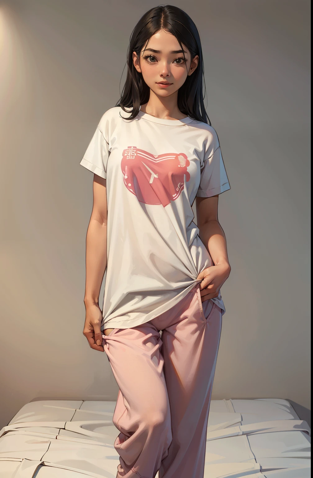 one girl, cute, stand up, happy, Cotton Pajamas Pants, t shirt, maquiagem, Lips are soft or colored, fundo simples, sexy, erotic, stand up, postura ereta, provocante, surprised facial expression, simple lighting and texture, begie background, feet, school