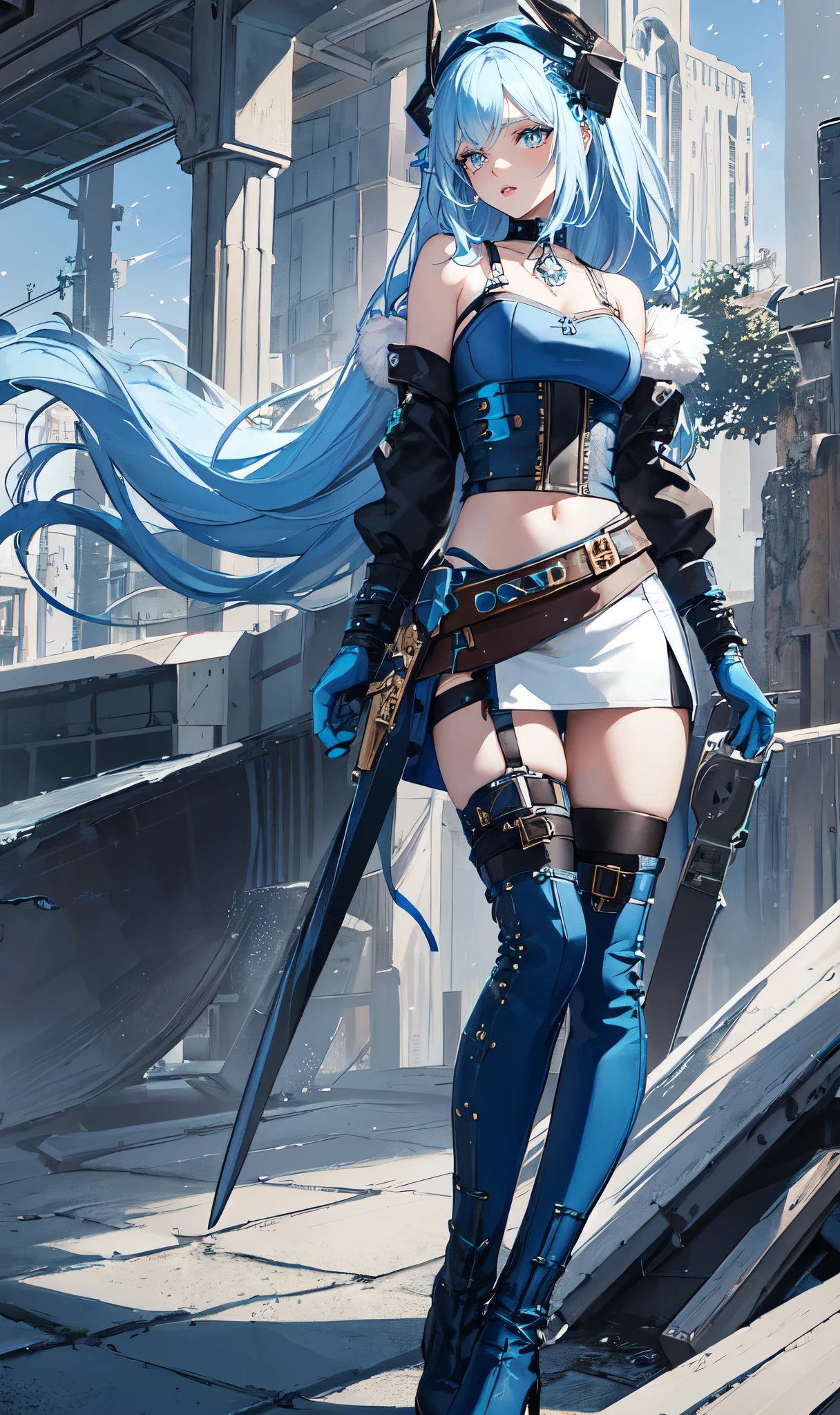 Abandoned winter industrial town background,(pure white straight hair:2.0),(blue cu rlhair end:2.0)issue card,Standing close-up,dream world,scars on face,(Slender blue phoenix eyes,pink lipstick,long eyelashes),Gloves,Short sword,choker,(Assassin's Tight Combat Suit,Torn and worn midriff-baring combat uniform,Leather miniskirt,leg rings,belt:2.0),fur tube top(choker),Over-the-knee high-heeled boots,strappy high heel boots,There are many straps on the legs,Detailed drawn background
