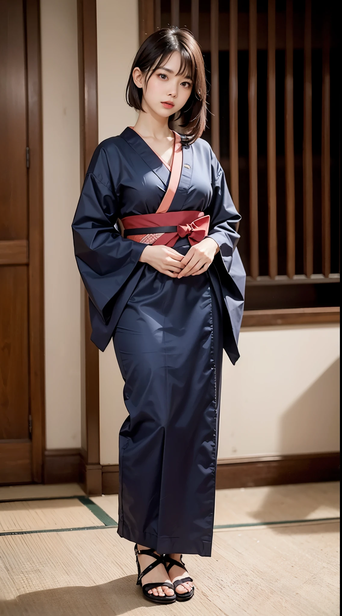 ulzzang-6500-v1.1, (RAW photo:1.2), (Photoreal), (genuine:1.4), (muste piece), Classy woman with perfect figure: 1.3, jet black hair、Straight bob hair with neatly trimmed ends、bangs、(Wearing a dark purple furisode kimono with an elegant pattern)、standing with a closed fan、majestic hall々, (A murderous expression:1.2)、 highly detailed face and skin, fine eyes, double eyelid,  ((full body shot:1.3))、