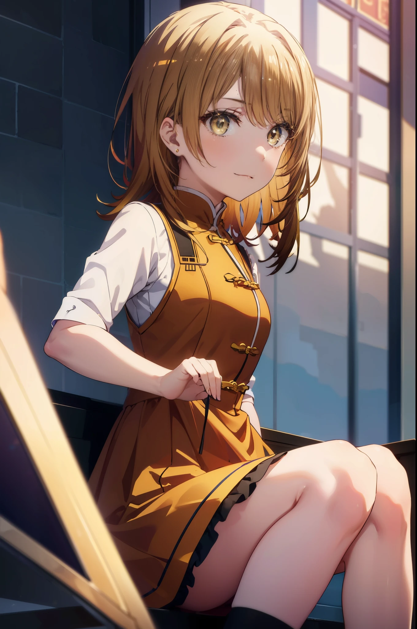 irohaisshiki, iroha isshiki, long hair, brown hair, (brown eyes:1.5), smile,yellow dress, china dress, Chinese service, dress, air, hip vent, side long slit, No sleeve, No sleeve dress, Fishnet tights,stiletto heels,足を組んで椅子に
break indoors, Chinese style restaurant,
break looking at viewer,
break (masterpiece:1.2), highest quality, High resolution, unity 8k wallpaper, (figure:0.8), (detailed and beautiful eyes:1.6), highly detailed face, perfect lighting, Very detailed CG, (perfect hands, perfect anatomy),