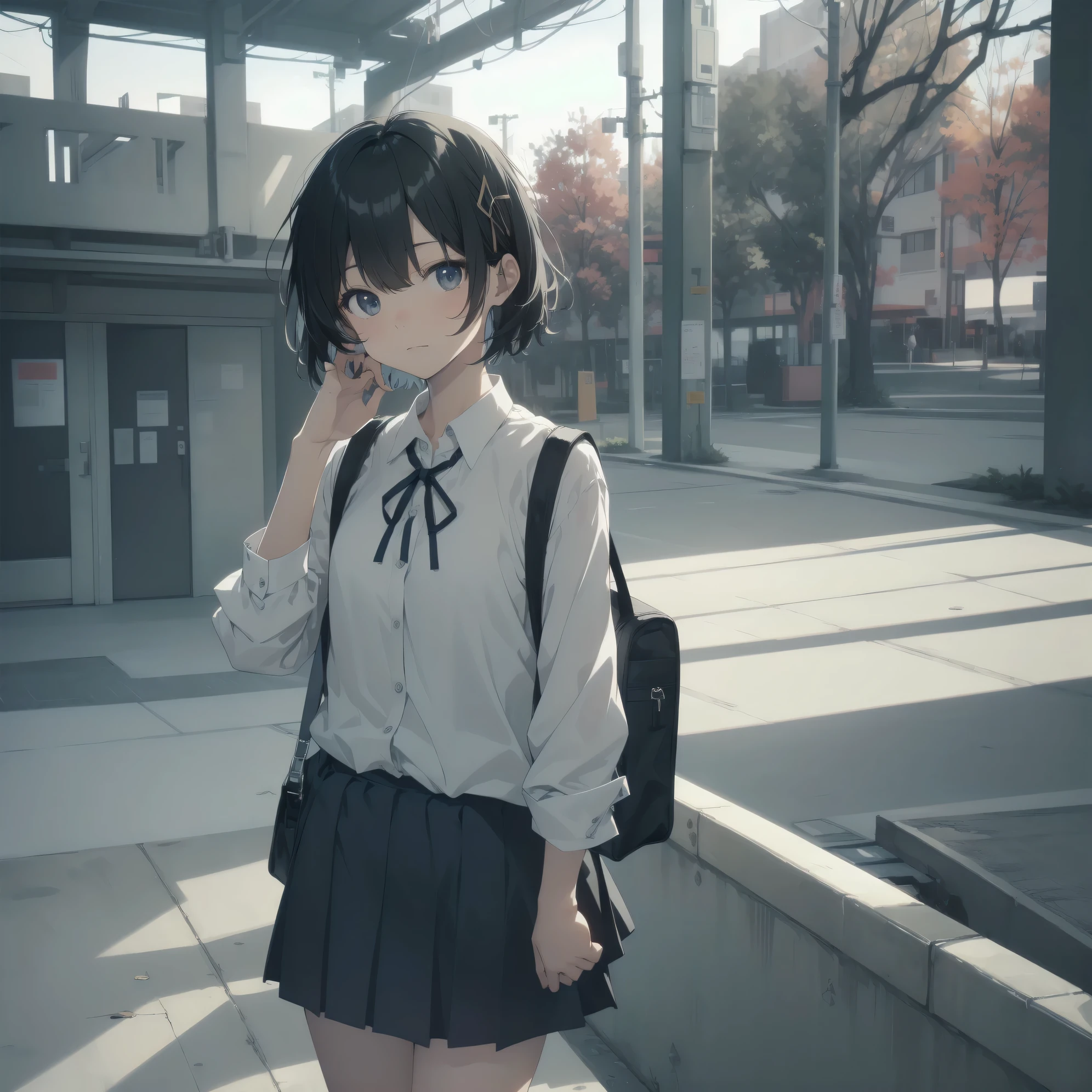 Super unorganized quality,, super detailed, High resolution, anime moe art style, Best Anime 8K Kona-chan Wallpaper, pixiv contest winner, perfect anatomy, break,(眠そうにalone学校へ行く女の子を描いてください. )break,1 girl, (alone,little woman, baby face, :1.3),All limbs, full finger,, The charm of an immature body, (very short hair), bangs, flat chest, Small Bodysuits, small ass, between legs, small black eyes, detailed and beautiful eyes, Well-proportioned iris and pupils, expressive eyes, sleepy eyes, High resolutionの詳細な髪, ribbon, neck ribbon, skirt, collared shirt, pleated skirt, school uniform, school bag,(detailed lighting), (detailed background), On the way to school. break,super dense skin, Best lighting by famous artists, 8k, cute illustration,,Absurd Hi-Res