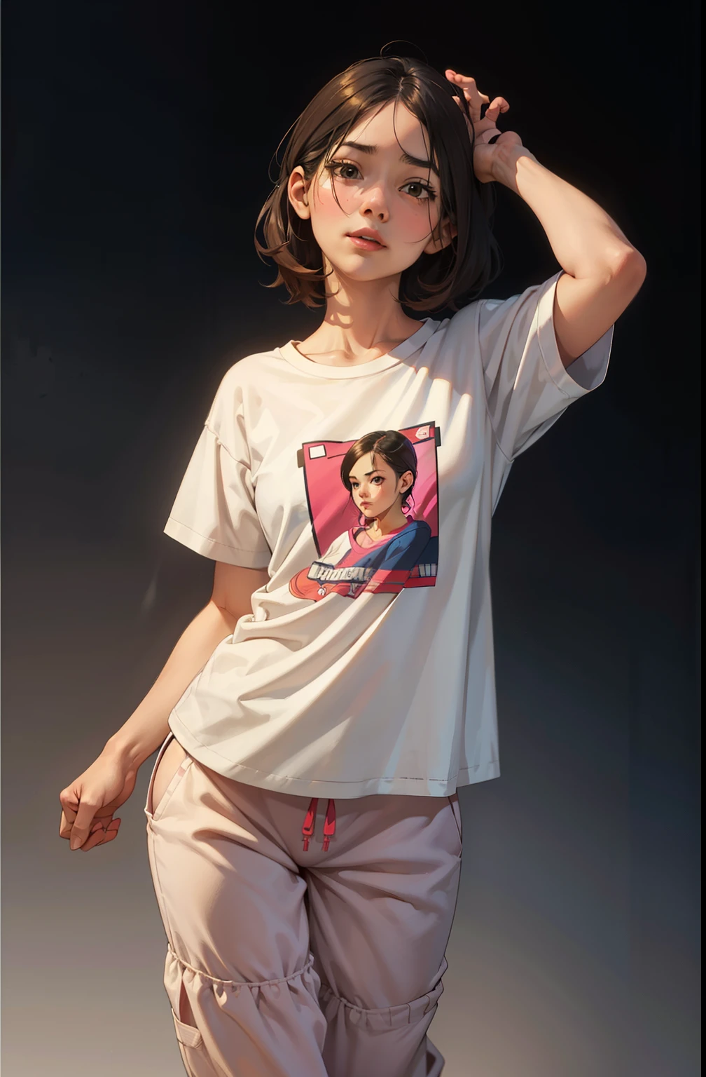 one girl, cute, stand up, happy, Cotton Pajamas Pants, t shirt, maquiagem, Lips are soft or colored, fundo simples, sexy, erotic, stand up, postura ereta, provocante, surprised facial expression, simple lighting and texture, begie background, feet, school