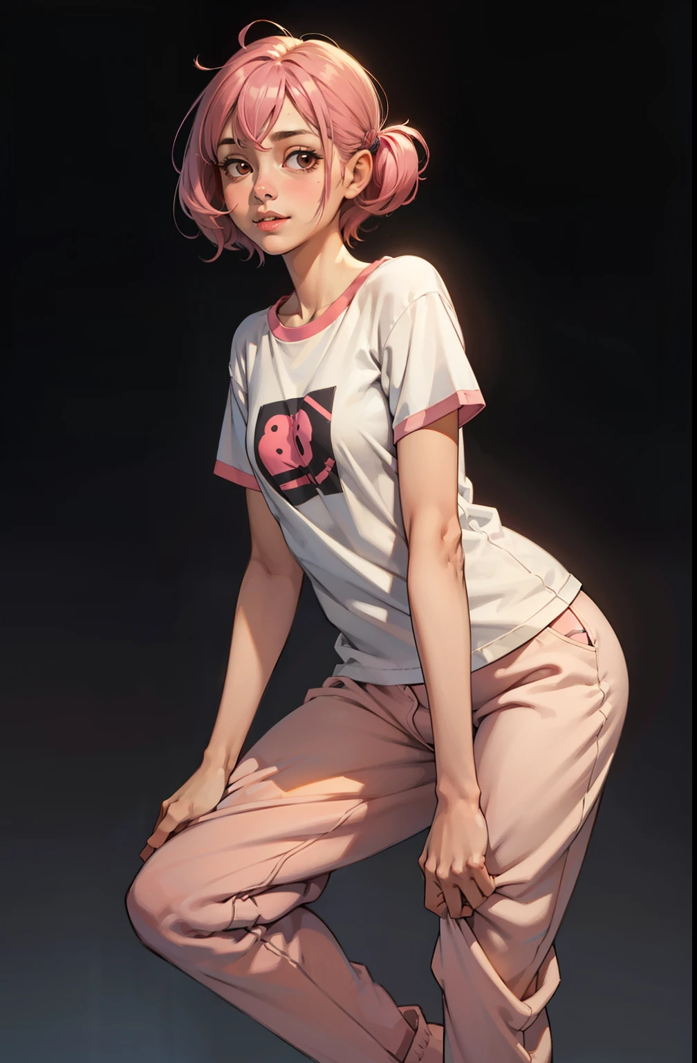 one girl, cute, stand up, happy, Cotton Pajamas Pants, t shirt, maquiagem, Lips are soft or colored, fundo simples, sexy, erotic, stand up, postura ereta, provocante, surprised facial expression, simple lighting and texture, begie background, feet, school