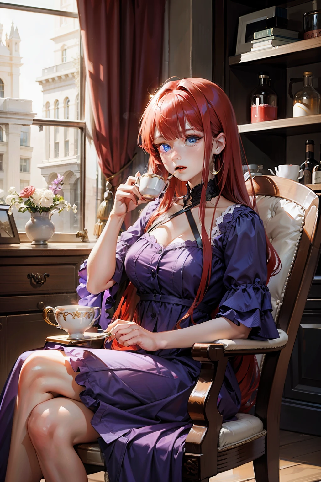 a woman with long red hair and blue eyes with big breats wearing a purple dress while drinking tea sitting on a chair