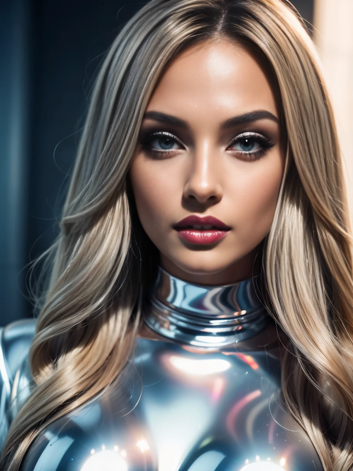 Cristy Ren with long blonde hair as a business CEO, professional hairstyle, perfect eyes, high arched eyebrows, (professional latex dress with silver belt:1.0), (Knee high boots:1.2), backlight on hair, shallow depth of field, looking over her shoulder at the camera, hi-res, 8k, cinematic light, smile, in an executive office sitting in a high back chair