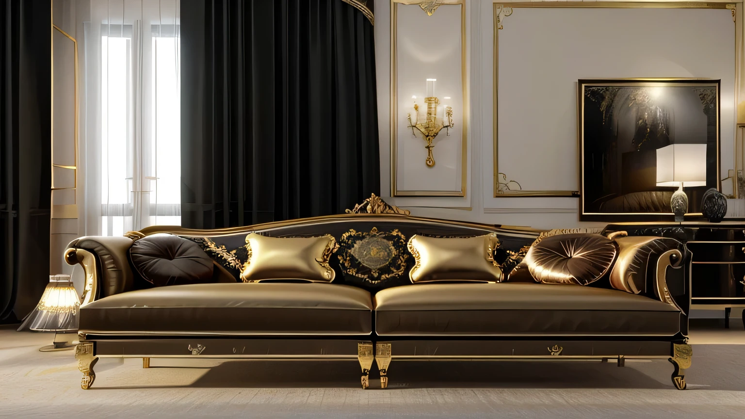 a close up of a couch in a room with a lamp, luxury furniture, elegant furniture, luxury hd render, elegant baroque, ebony rococo, elegant and refined, furniture and decor, elegant render, lounging on expensive sofa, elegant scene, elegant and ornate, very refined, ornate with gold trimmings, baroque, leather couches, sofa, ivory rococo