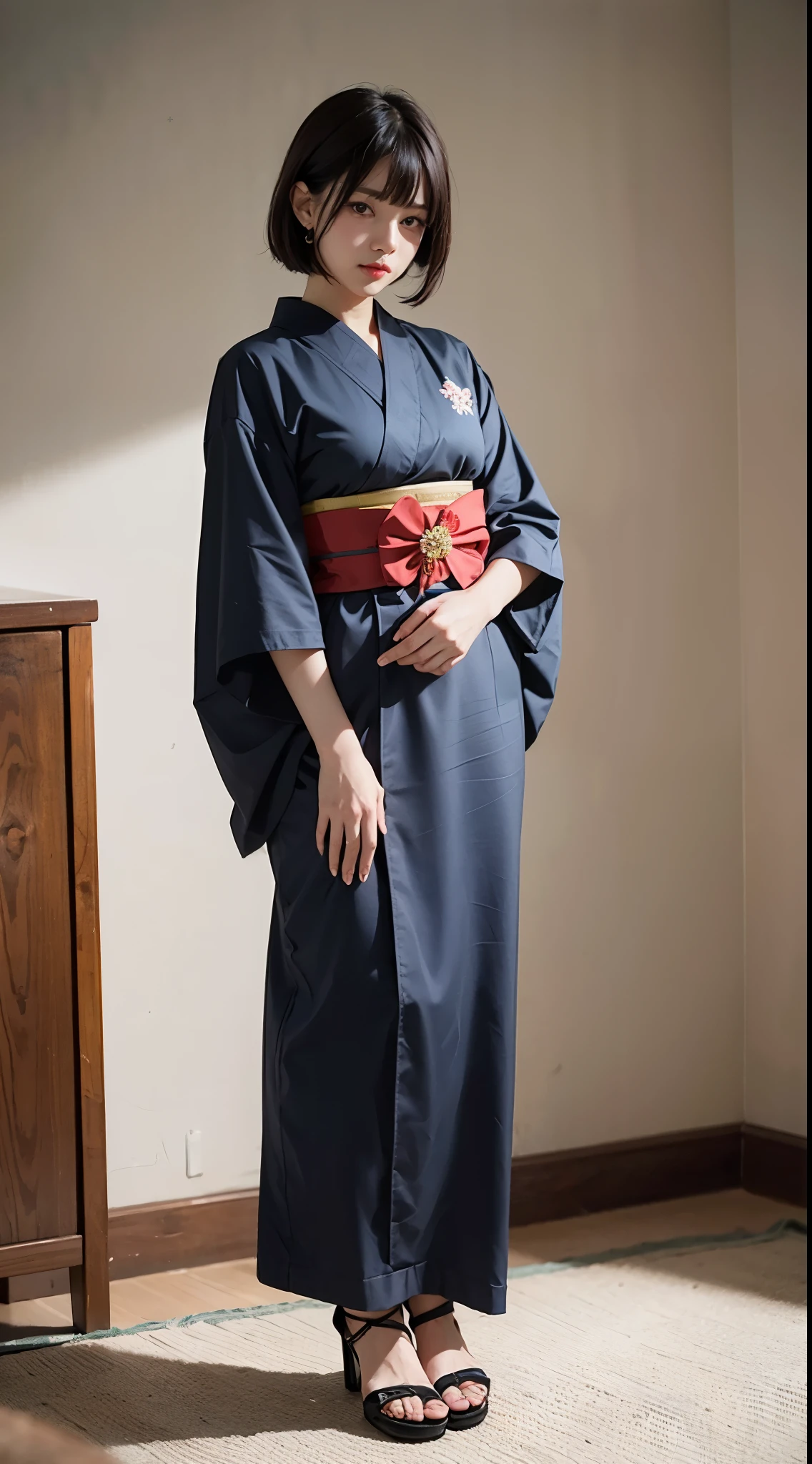 ulzzang-6500-v1.1, (RAW photo:1.2), (Photoreal), (genuine:1.4), (muste piece), Classy woman with perfect figure: 1.3, jet black hair、(Straight bob hair with neatly trimmed ends、bangs、red hair band)、(Wearing a dark purple furisode kimono with an elegant pattern)、standing with a closed fan、majestic hall々, (A murderous expression:1.2)、 highly detailed face and skin, fine eyes, double eyelid, ((full body shot:1.3))、