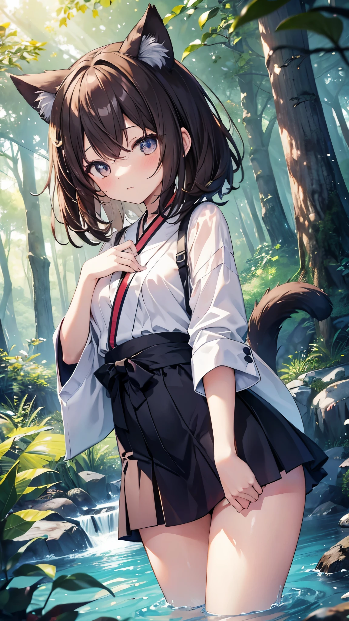 (masterpiece, HDD, Ultra HDD|, 4k) brown hair, too much, 14 year old cat ears Japanese girl, naked girl, shaggy white tail, play with pokemon (living things) In a clear forest stream , fan hair girl, relaxed look, blush
