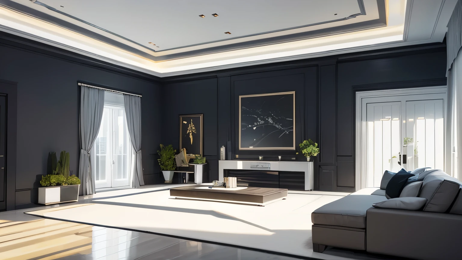 you are a famous interior designer、I was asked to create a 3D image of a large modern room.。. Create a harmonious environment with modern and minimalist furniture. Including garden interior.