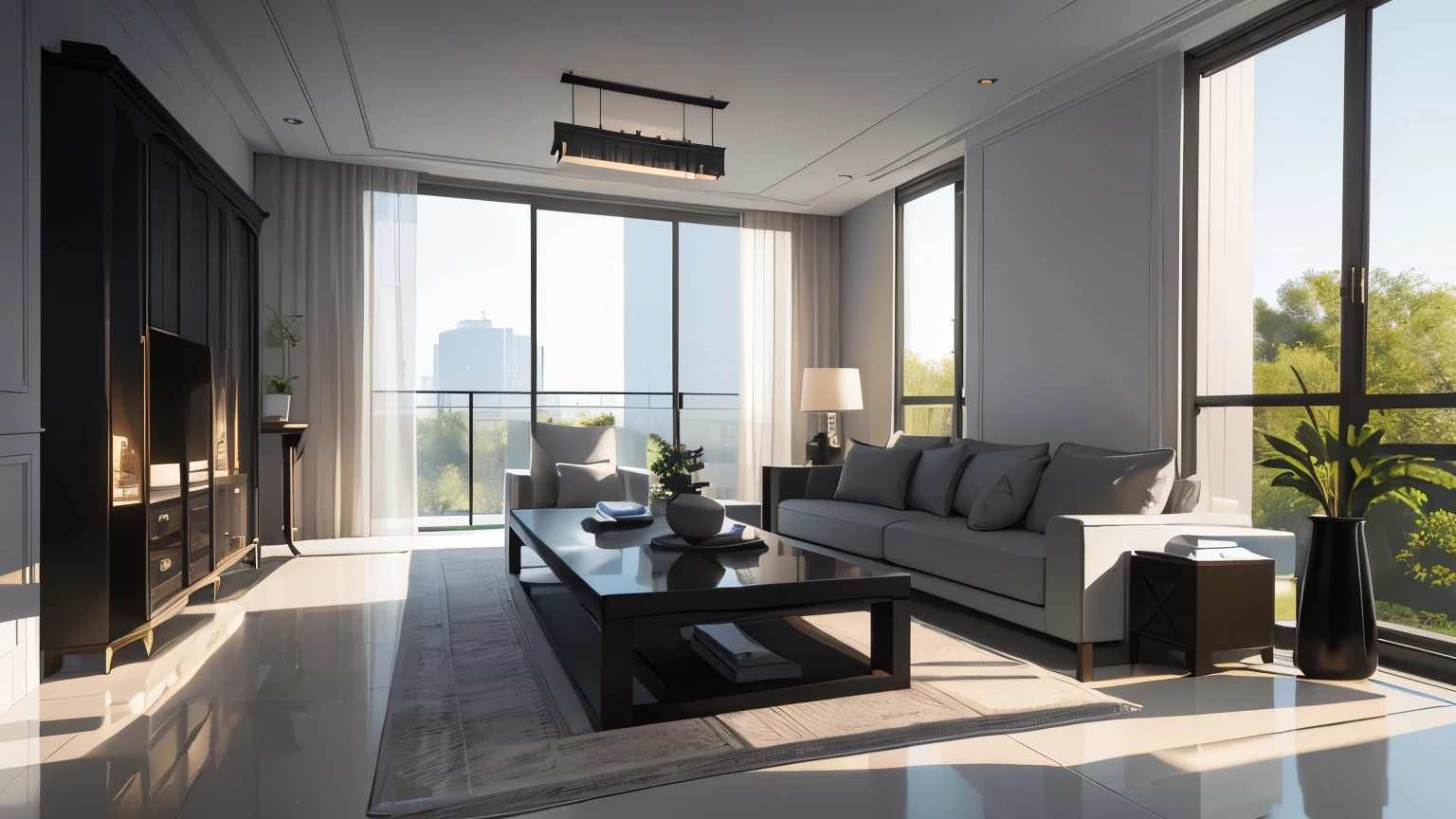 you are a famous interior designer、I was asked to create a 3D image of a large modern room.。. Create a harmonious environment with modern and minimalist furniture. Including garden interior.