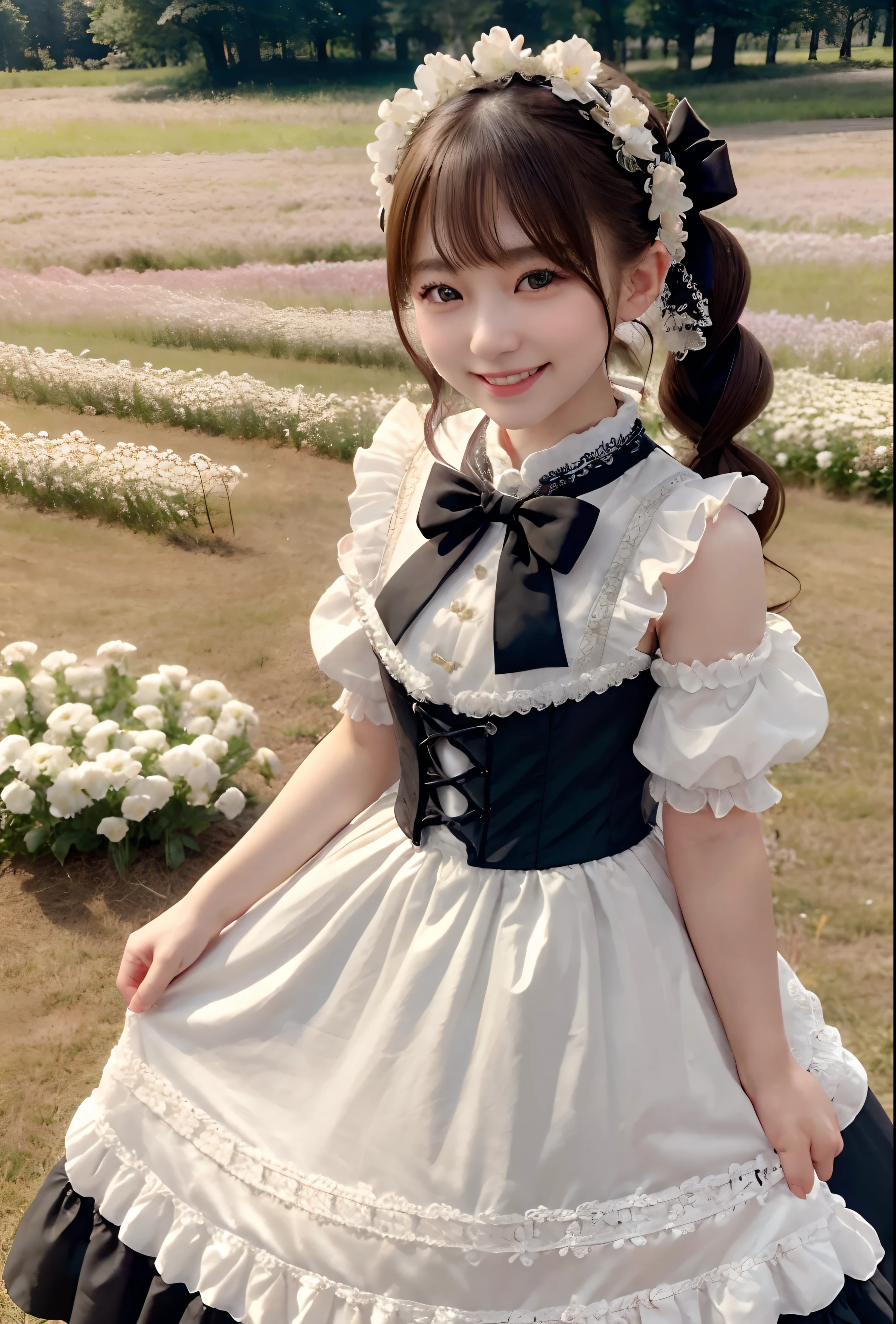 (realistic:1.3), finely, quality, rembrandt lighting, (table top:1.2), (realistic:1.2), (最高quality), (fine skin:1.3), (Complex詳細), dramatic, ray tracing, 1 girl, japanese girl, 、Big eyes、smile, twin tail hair, twin loop hair, (Esmanium), jirai fashion, gothic fashion、short dress, frills, race, ribbon, Complex, (flower garden, flowers, sunny day), NSFW,