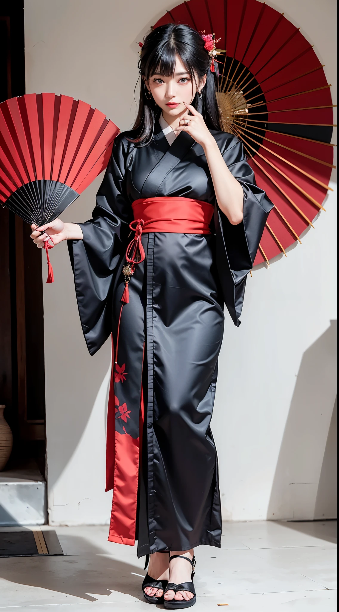 ulzzang-6500-v1.1, (RAW photo:1.2), (Photoreal), (genuine:1.4), (muste piece), Classy woman with perfect figure: 1.3, jet black hair、(Straight bob hair with neatly trimmed ends、bangs、red hair band)、(Wearing a dark purple furisode kimono with an elegant pattern)、standing with a closed fan、majestic hall々, (A murderous expression:1.2)、 highly detailed face and skin, fine eyes, double eyelid, ((full body shot:1.2))、