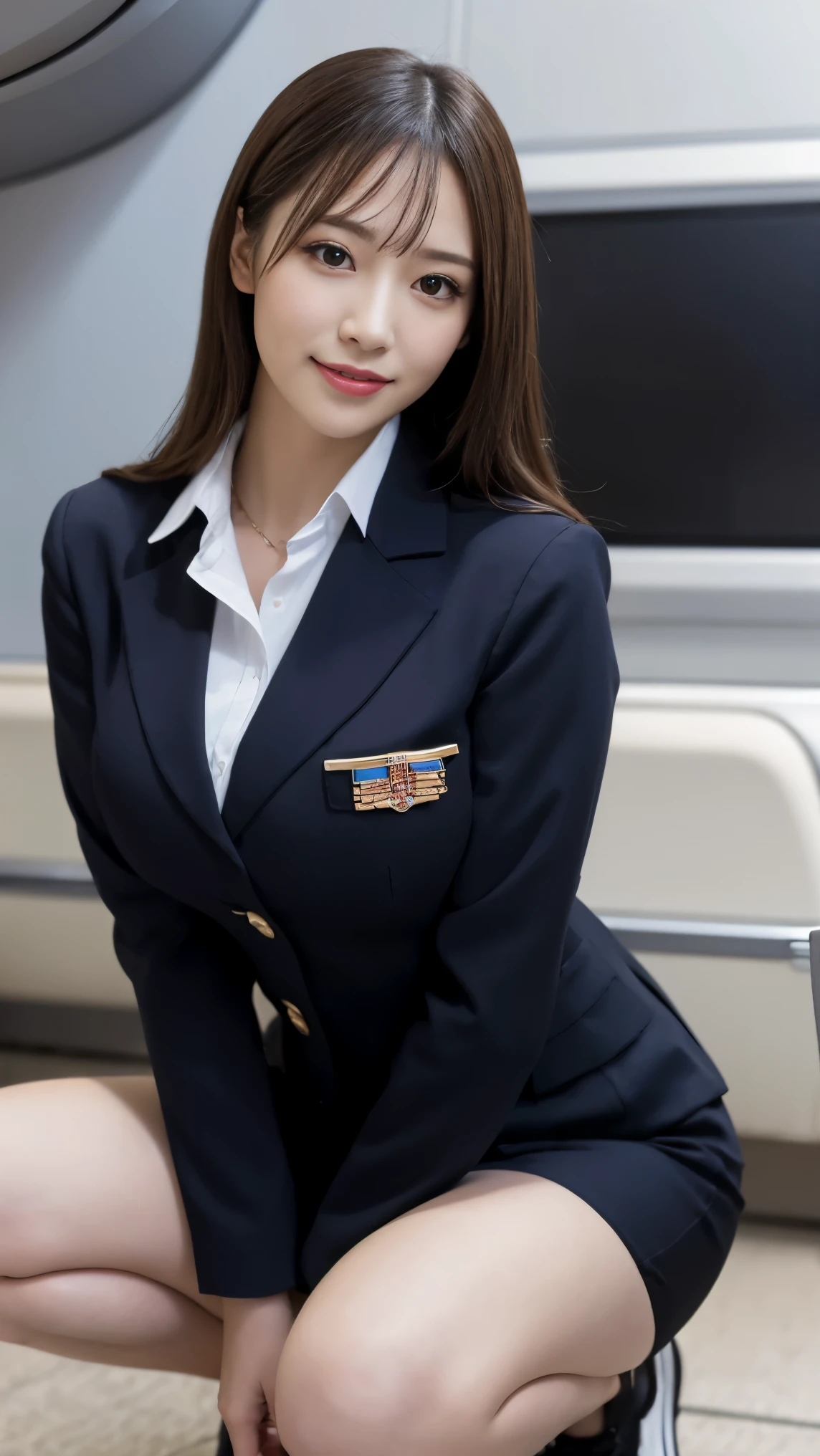 highest quality, masterpiece, 8K, ultra high resolution, (realistic: 1.4), 1 girl, beautiful face, eye of symmetry, big, perfect body proportions, stewardess uniform, the gaze of the beholder, (Inside the airplane: 1.2), Tight Skirt, (Absolute area:1.3)、thighs、((Squatting))、big breasts、smile