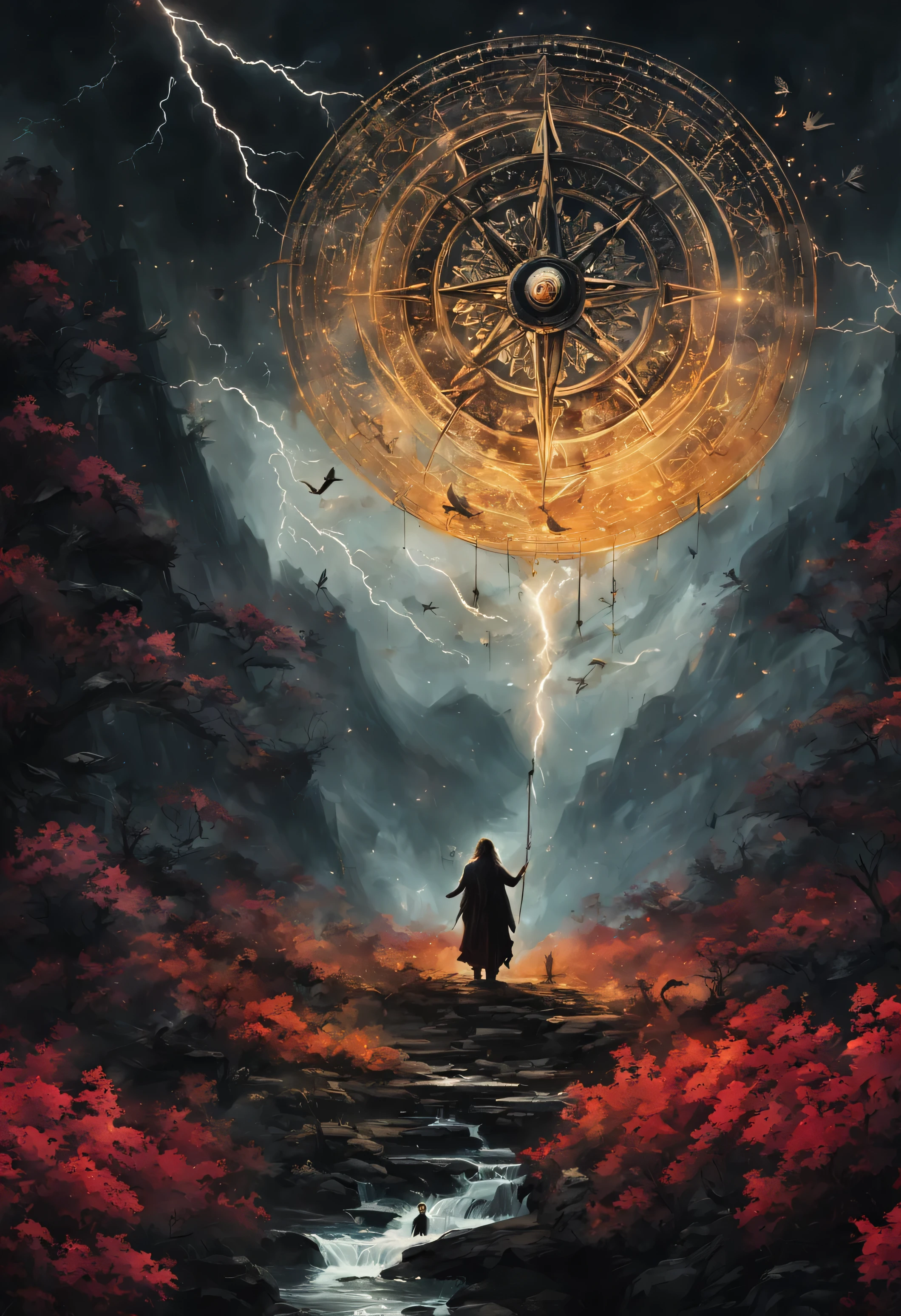 ~*~thrilling~*~ Cinematic realistic close-up shot in a movie scene, bright colors, Very detailed, Presented in widescreen, Create a moody atmosphere.
Surreal Witchcraft: A giant Taoist compass floats in the sky,Thunder and lightning are all around,surrounded by intricate dark flowers, Birds and surreal elements, by Russ Mills