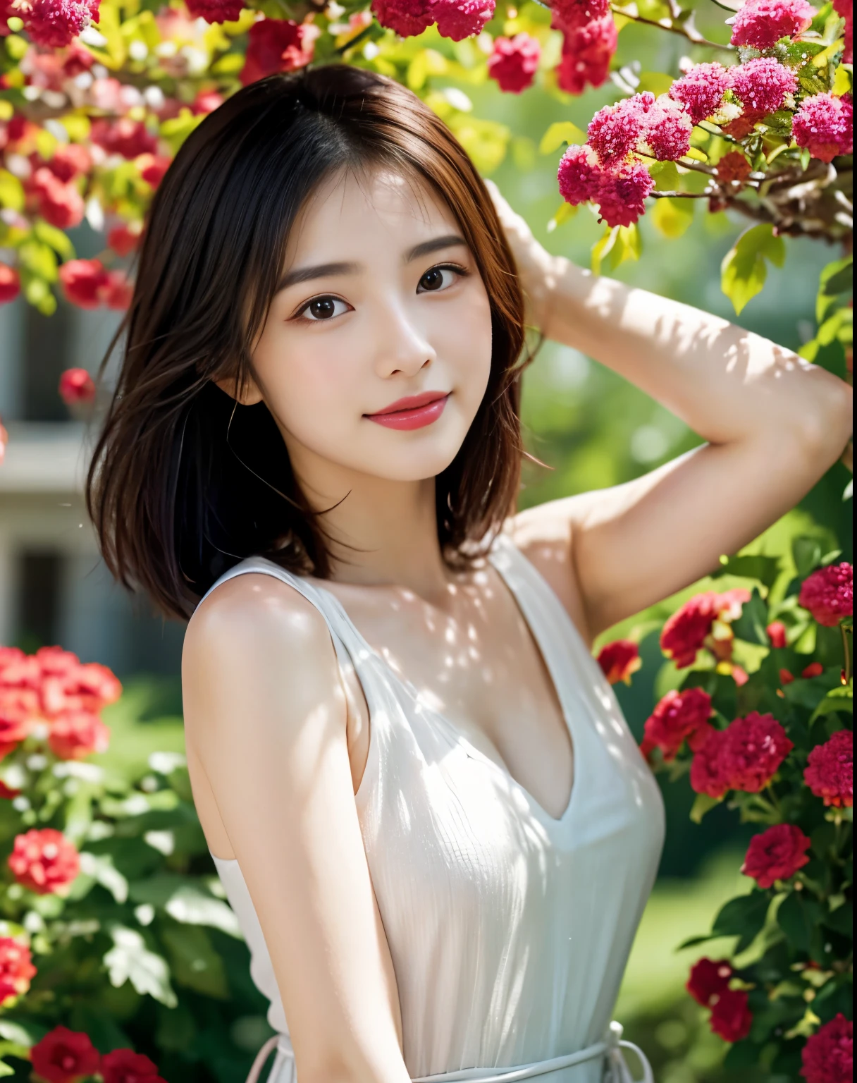 realistic, High resolution, soft light、beautiful japanese actress, 27 years old、alone, waist rises high, glowing skin, (detailed face), short hair, Eyes that invite the viewer, lover's perspective, inviting look, sexy smile, fine skin, beautiful hair accessories,highest quality、(tangleた、mandala、tangle、tangle)、Many colorful flowers in the background、Gradient of red on chestnut hair、gorgeous dresake it look like a real photo、transparent skin、slender body、Many colorful flowers in the background、Unusual and unusual angle、