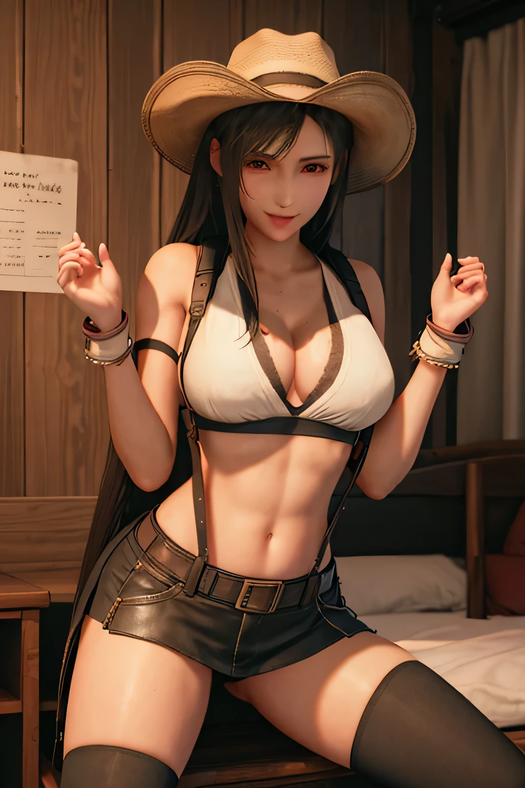 (Hattifah, cowboy hat, brown vest, white shirt, cleavage, abdomen, brown skirt, belt, cowboy boots),NSFW smile, blush, (Sweat, trembling:1.3),(masterpiece, highest quality:1.4),(highest quality:1.4) ,unreal engine,masterpiece, (blush smile:1.1),very detailed, intricate details, soft lighting, 1 girl,,(huge breasts:1.1),super resolution,(realistic: 1.3),abs,highest quality, silt,very delicate and beautiful, High resolution,NSFW,black hair, long hair,beautiful detailed red eyes, round chest, big breasts,in the bedroom,blush,clavicle, breast bone, underboob, rib, abdomen, belly button, (spread legs,:1.3) blush, deep breath, vapor,Sweat,