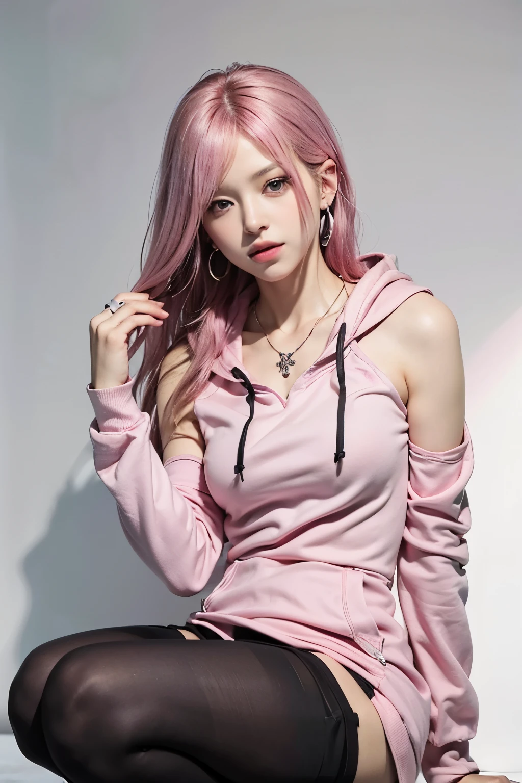 (8K, top-quality, masterpiece:1.2), (reallistic, Photorealsitic:1.37), Super Detail, One girl, (Highly detailed), (beautifully detailed eyes), (of the highest quality), (super detailed), (masterpiece), (Detailed face), 20yr old, 1 girl, (pink hair, long hair), ??????????????, clothed, Perfect Lighting, BREAK, (pink Hoodie :1.4),  (black tights:1.5), (zettai_ryouiki:1.5), (black pumps:1.2), (ruby necklace and earrings:1.2), (silver ring:1.2), BRAKE, (upper body to knee shot:1.2), (hair on left side, ear on right side:1.2), (slight smile looking up:1.2), (left hand holding dress hem, right hand on shoulder:1.2), (white wall with red curtain:1.2), (soft light from top left:1.2)