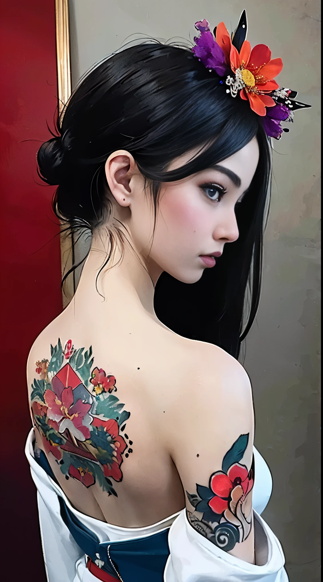 (masterpiece, top quality, best quality, official art, beautiful and aesthetic:1.2),1girl, tattoo, solo, japanese clothes, hair ornament, unsheathing, black hair, sheath, back tattoo, blue eyes, off shoulder, bare shoulders, looking back, from behind, flower, looking at viewer, holding, makeup,
indoor,