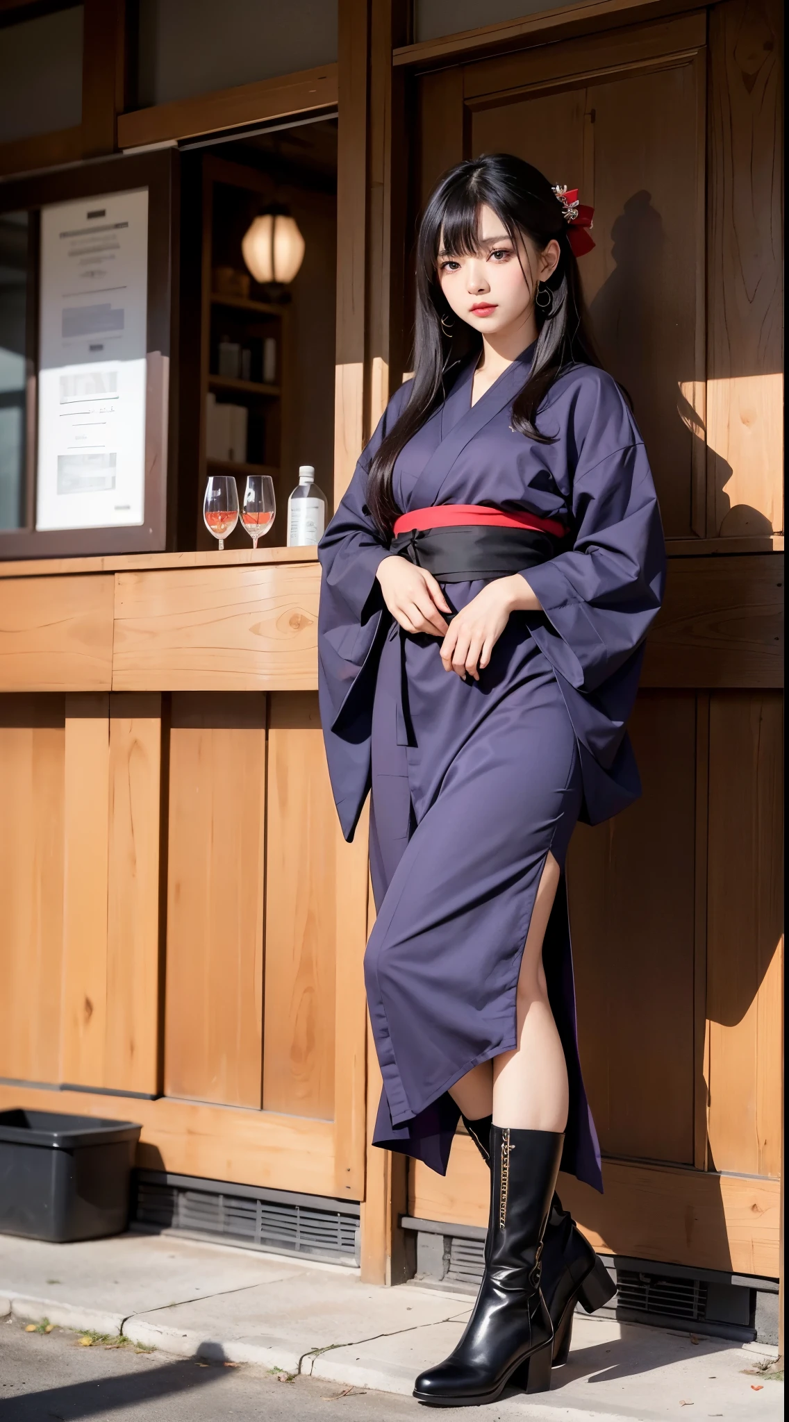 ulzzang-6500-v1.1, (RAW photo:1.2), (Photoreal), (genuine:1.4), (muste piece), Classy woman with perfect figure: 1.3, jet black hair、(Straight bob hair with neatly trimmed ends、bangs、red hair band)、(Wearing a dark purple furisode kimono with an elegant pattern)、standing with a closed fan、majestic hall々, (A murderous expression:1.2)、 highly detailed face and skin, fine eyes, double eyelid, ((full body shot:1.14))、wear short boots、