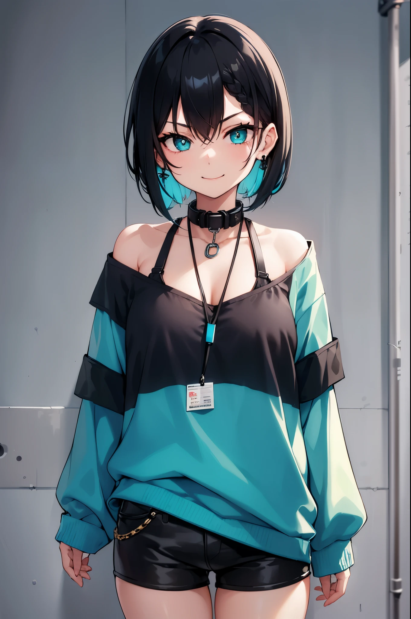 1girl, solo, portrait, short hair, black and cyan gradient hair, two tone hair, cyan eyes, female focus, medium sized breasts, big thighs, urban wear, street clothing, cyberpunk clothing, simple background, side braids, bangs, Menacing smile, upper body, shorts, stomach showing , ear rings, collar, neck chain