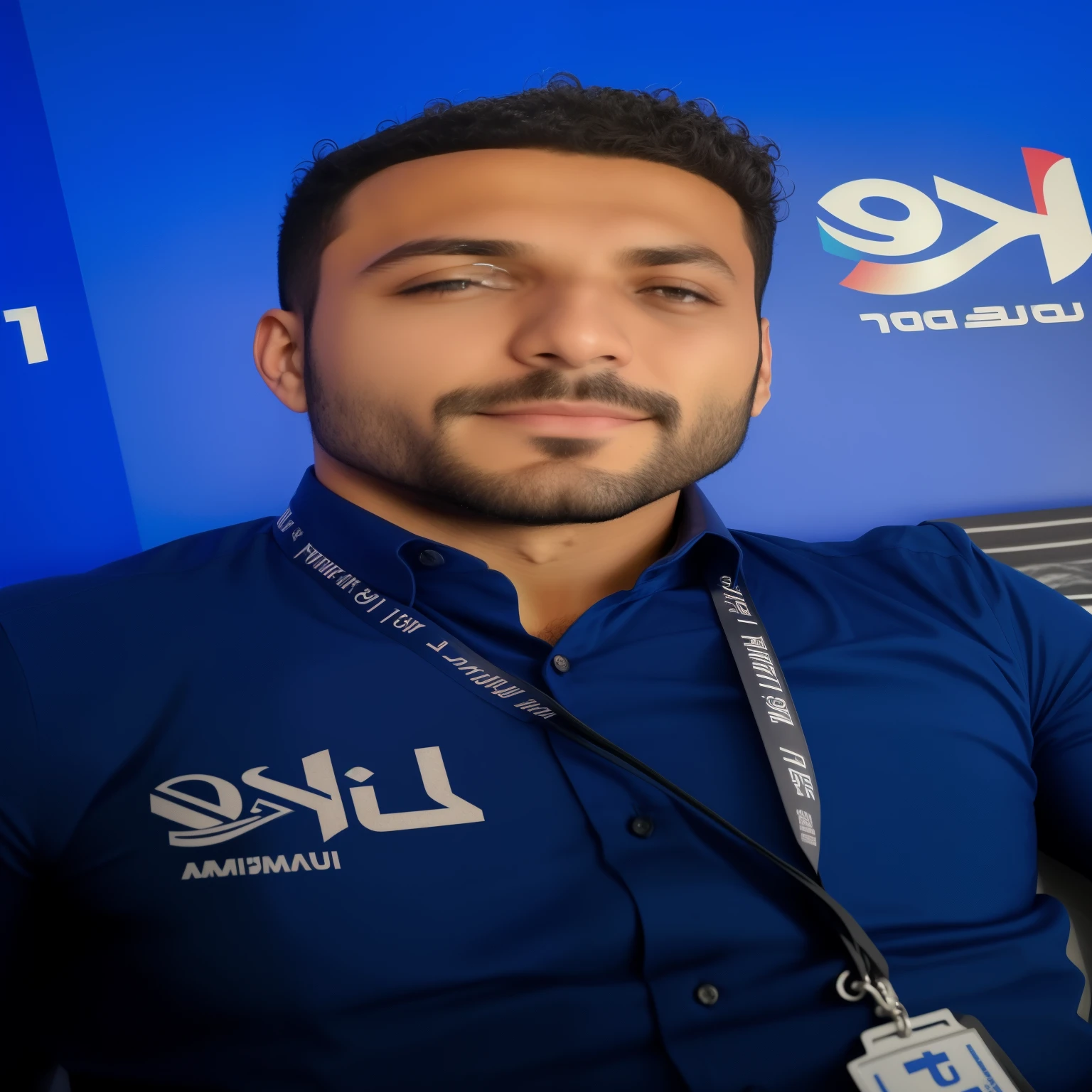 homem arafiado de camisa azul sentado em frente a uma parede azul, amr elshamy, Riyad Cassiem, imagem de perfil, foto de perfil, Foto do perfil 1024px, taken at the beginning of 2020, Mohammed Chahin, ismail, professional Foto do perfil, Foto do perfil, emad mostaque, imagem de qualidade muito baixa