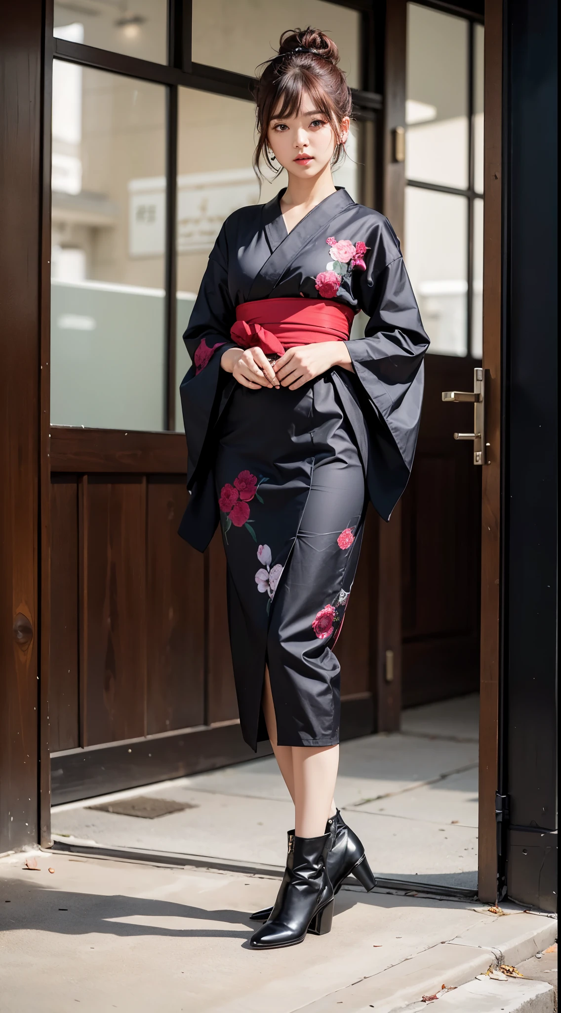 ulzzang-6500-v1.1, (RAW photo:1.2), (Photoreal), (genuine:1.4), (muste piece), Classy woman with perfect figure: 1.3, jet black hair、((Straight bob hair with neatly trimmed ends、bangs、red hair band))、(Wearing a dark purple furisode kimono with an elegant pattern)、standing with a closed fan、majestic hall々, (A murderous expression:1.2)、 highly detailed face and skin, fine eyes, double eyelid, ((full body shot:1.14))、wear short boots、