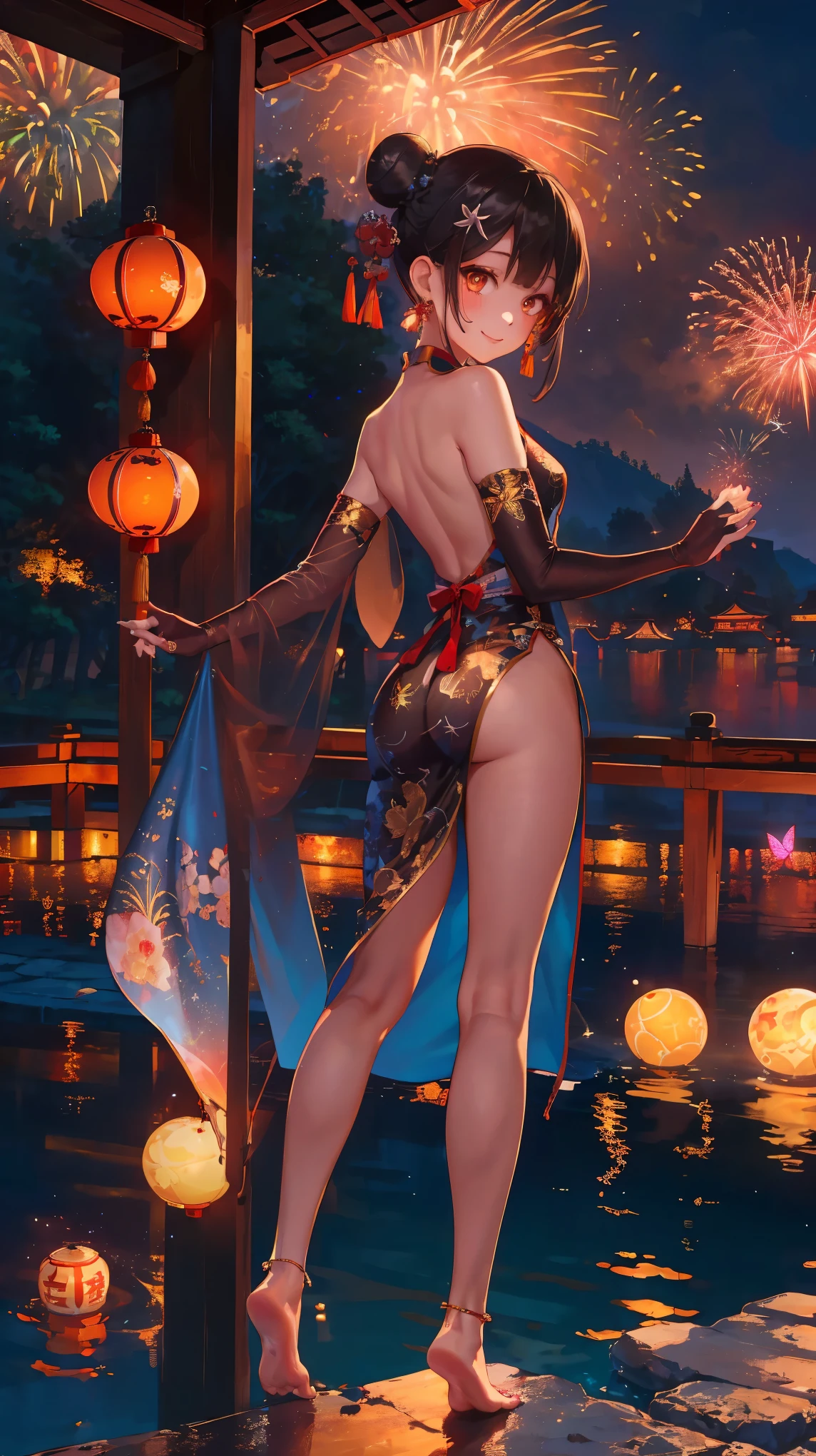 1girl, (Miyu Edelfelt),,black hair,brown eyes,seductive smile,nsfw, barefoot, see-through dress, butterfly, butterfly hair ornament, backless dress, chinese clothes,sleeveless, double bun,golden dragon print,bare foot,,elbow gloves,hair bun, hair ornament,jewelry,earrings,anklet,slim legs,nail polish, small breasts, solo, toenail polish, toenails, toes, twintails,outdoor,Chinese style architecture, Chinese style, lake, ancient town, beautiful and meticulous water,the red lantern,fireworks,