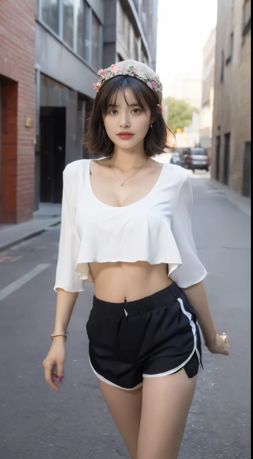 Best Quality, 8k, Masterpiece: 1.3)), (Flower Cap: 1.3), Focus: 1.2, Perfect Body Beauty: 1.4, Buttocks: 1.2, (Layered Haircut: 1.2)), (Dark Street: 1.3), Highly detailed face and skin texture, Full body, Fine eyes, Double eyelids, Whitened skin, Long hair, (Round face: 1.5), (Loose crop top, Shorts: 1.6) cleavage prominent pleated skirt Big breasts leaking long leg shirt,nipple slip