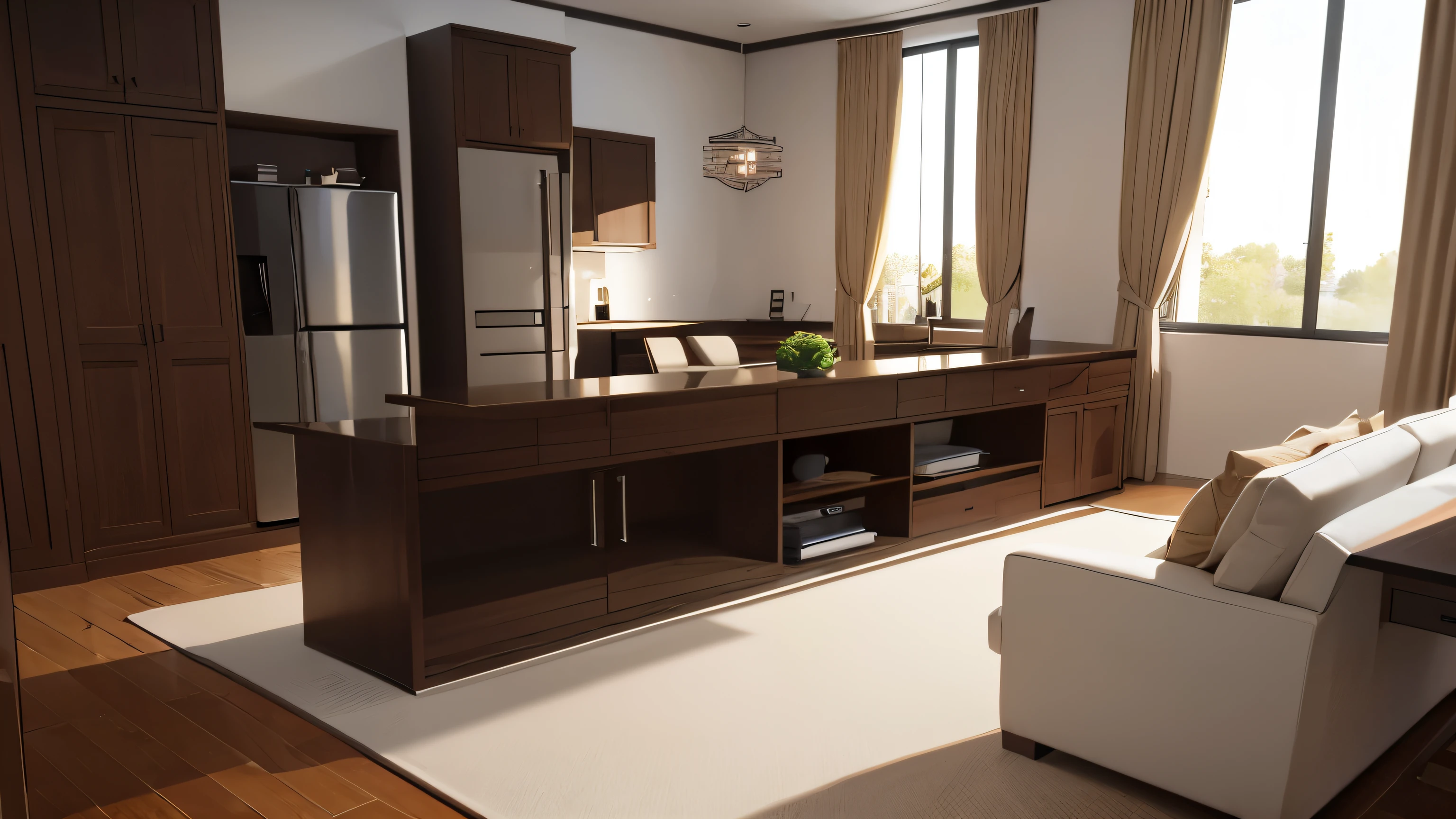 you are a famous interior designer、I was asked to create a 3D image of a large modern room.。. Create a harmonious environment with modern and minimalist furniture. Including garden interior.