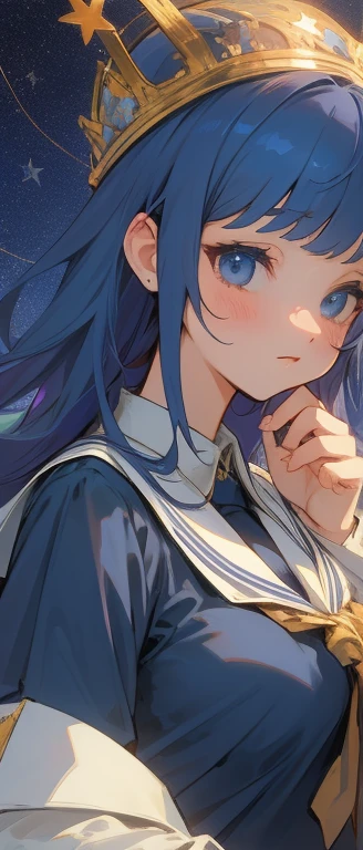 navy blue hair, head with stars, navy blue eyes, female, amiable, familiar, princess, soft, snug, cute, Queen, student, school, excellent grades, ((nobility)