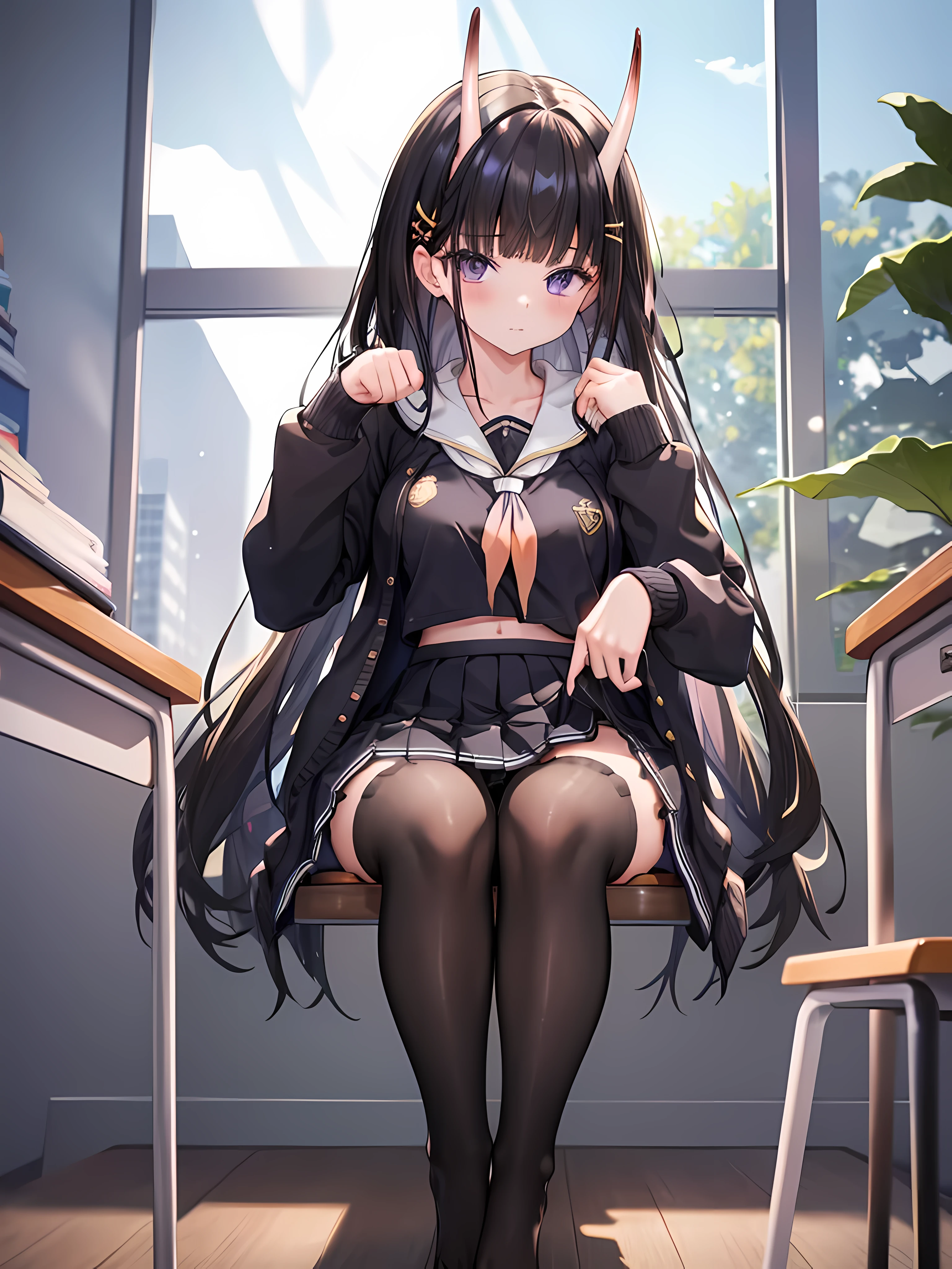 masterpiece, best quality, 1girl, solo, long hair, looking at viewer, skirt, black hair, school uniform, purple eyes, pantyhose, pleated skirt, horns, serafuku, cardigan, oni horns, open cardigan, black panty, floral lace undies, cameltoe, show panties, squatting sexily, open legs, spread legs, miniskirt, open legs squat, paw hand pose, sitting on chair, classroom, hypnotism, hypnotized
