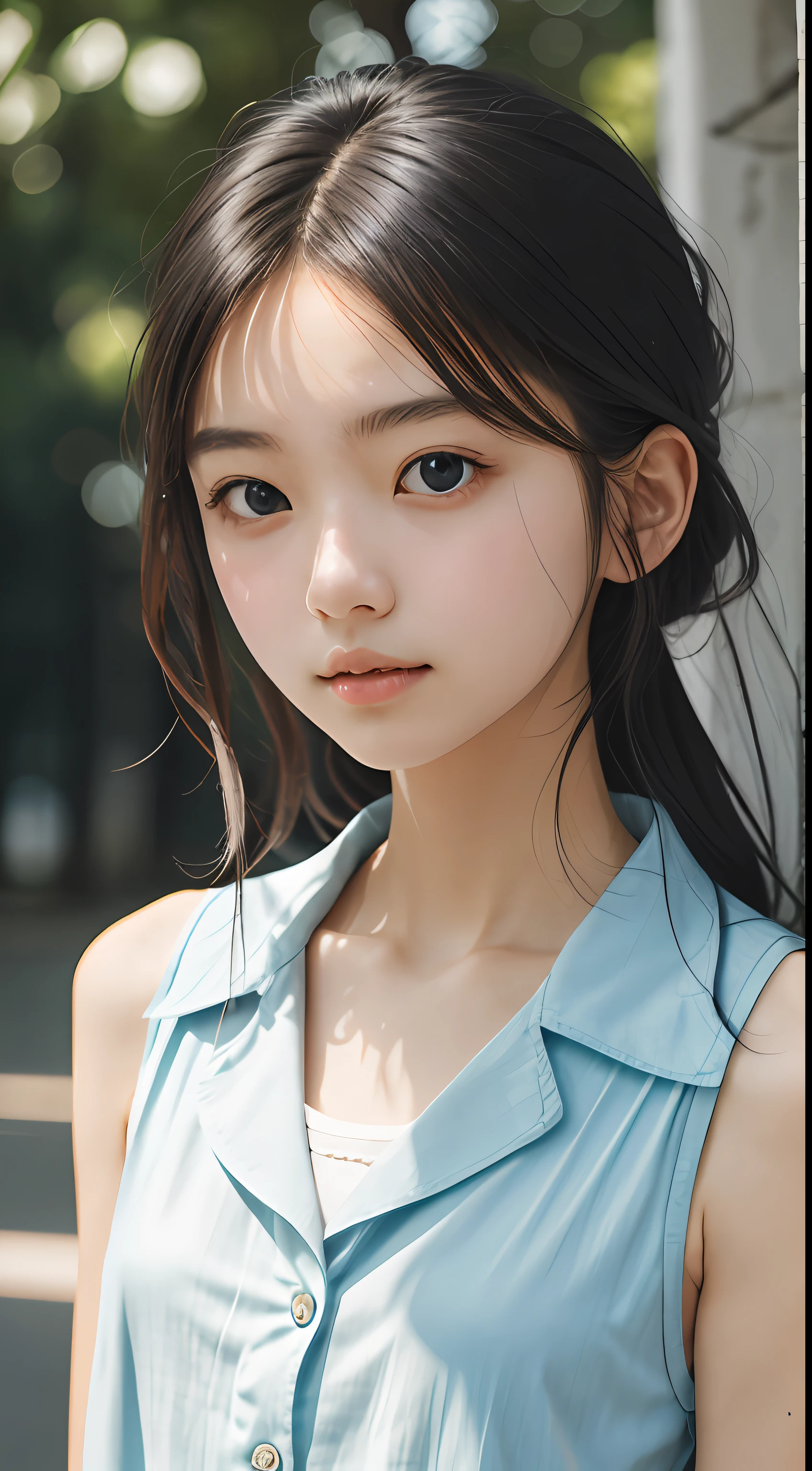 table top, 最high quality, RAW photo, absurd, award-winning portraits, alone, beautiful girl, 18-year-old, 8k, looking at the viewer, Digital single-lens reflex camera, Highly colored, nature, Frank, White elegance eyelet ruffle sleeveless shirt, Sophisticated, Zora々right, (thin arms, high definition skin:1.2), cute face, soft lighting, high quality, film grain, chromatic aberration, bluish black eyes、black haired