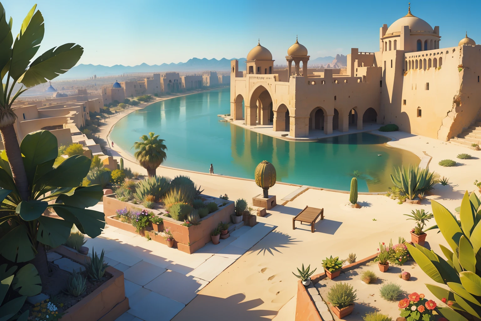Create a landscape of a desert city , orient , Great Mediterranean city,A flower garden in the desert,edificios modernos en el fondo del paisaje poner personas descansado